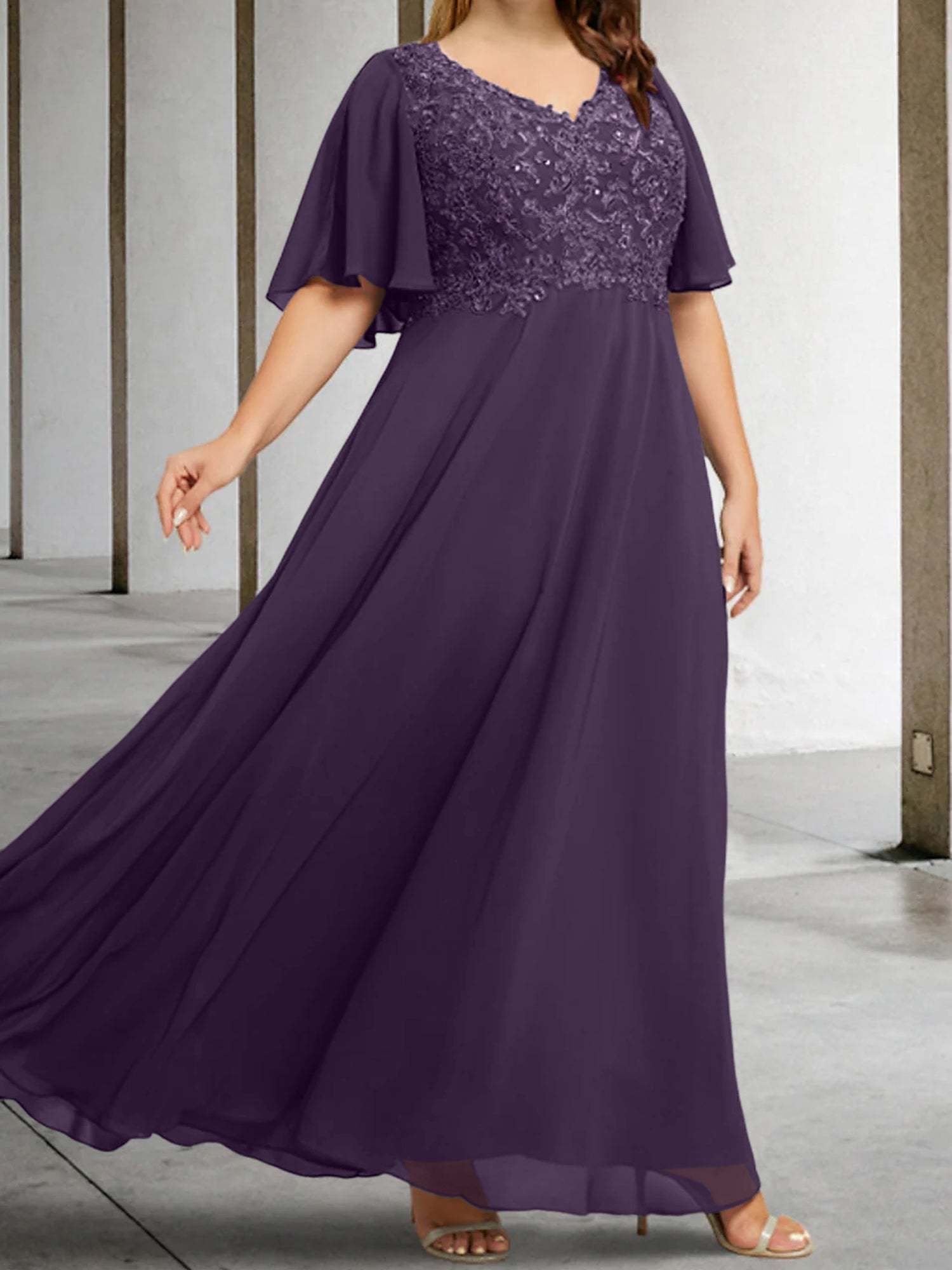 V-Neck A-Line Princess Floor-Length Mother of the Bride Dress with Applique and Half Sleeves-BMbridal