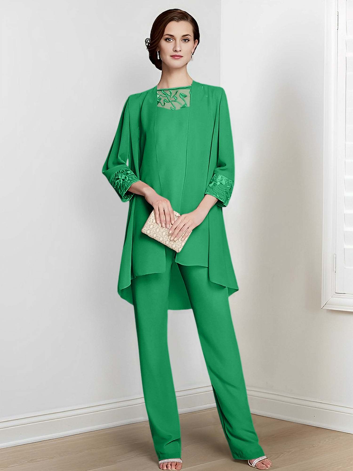 Floor-Length Square Neck Chiffon Pantsuit With Long Sleeves and Jacket for the Mother of the Bride-BMbridal