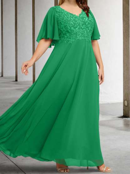 V-Neck A-Line Princess Floor-Length Mother of the Bride Dress with Applique and Half Sleeves-BMbridal