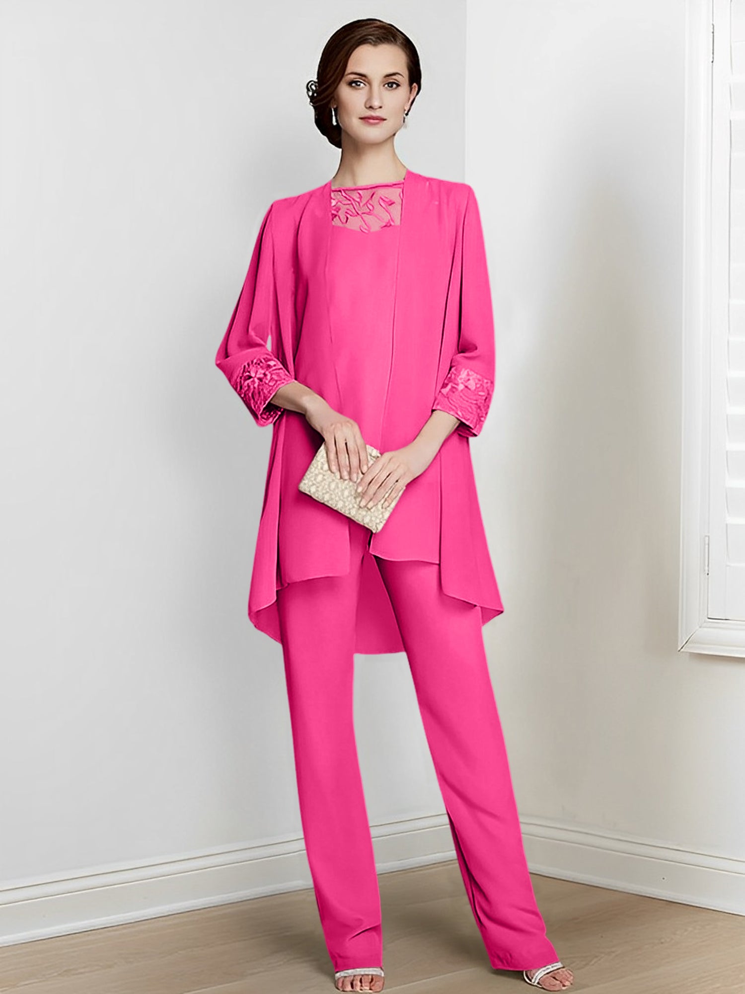 Floor-Length Square Neck Chiffon Pantsuit With Long Sleeves and Jacket for the Mother of the Bride-BMbridal