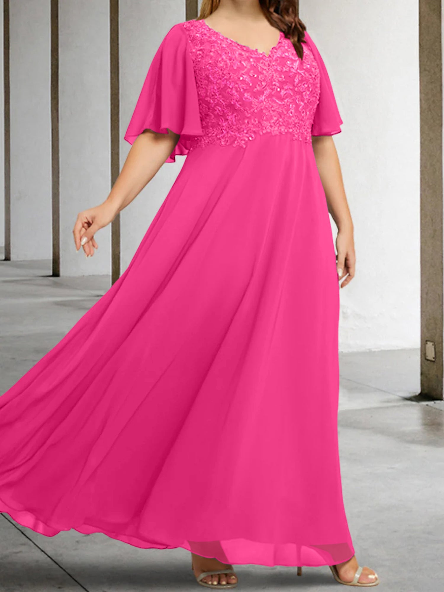 V-Neck A-Line Princess Floor-Length Mother of the Bride Dress with Applique and Half Sleeves-BMbridal