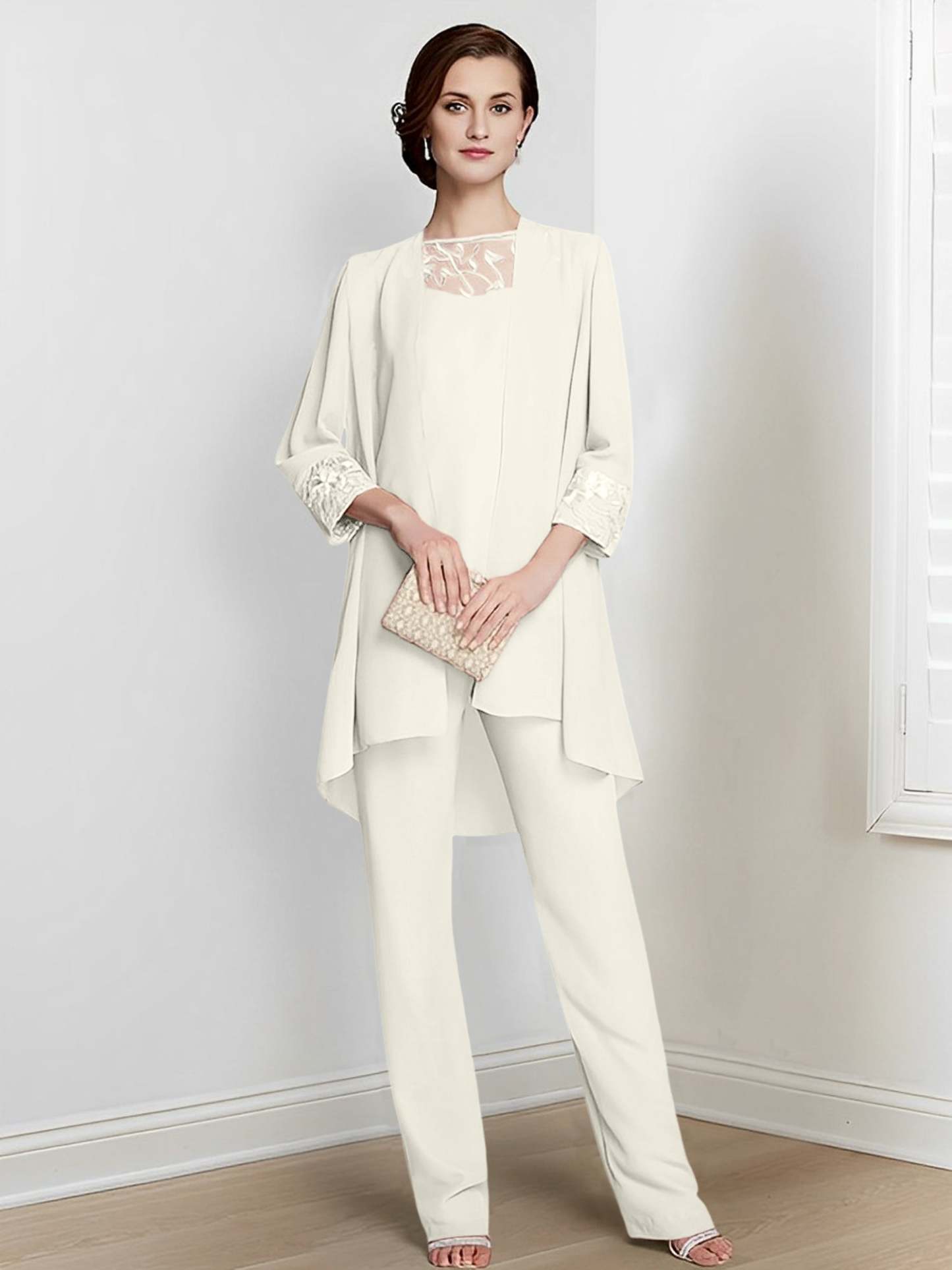 Floor-Length Square Neck Chiffon Pantsuit With Long Sleeves and Jacket for the Mother of the Bride-BMbridal