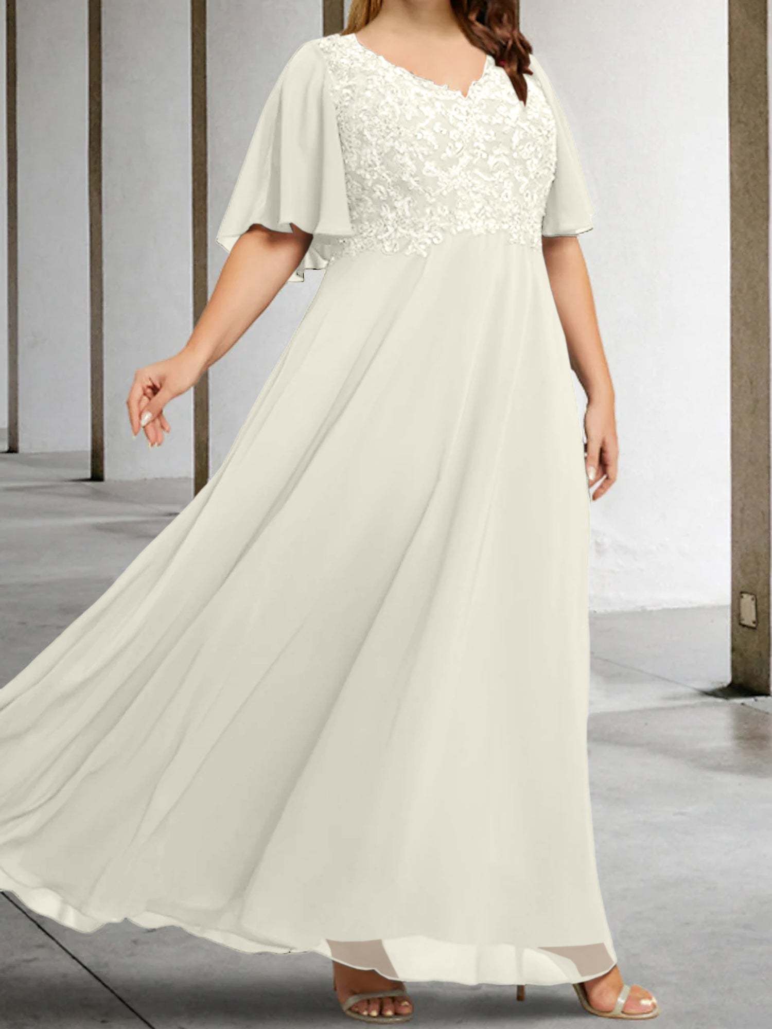 V-Neck A-Line Princess Floor-Length Mother of the Bride Dress with Applique and Half Sleeves-BMbridal