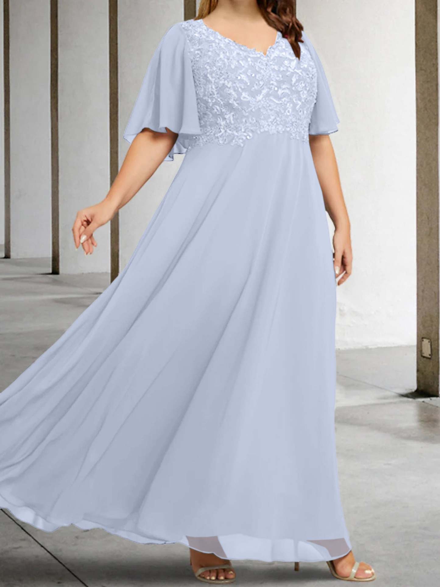 V-Neck A-Line Princess Floor-Length Mother of the Bride Dress with Applique and Half Sleeves-BMbridal