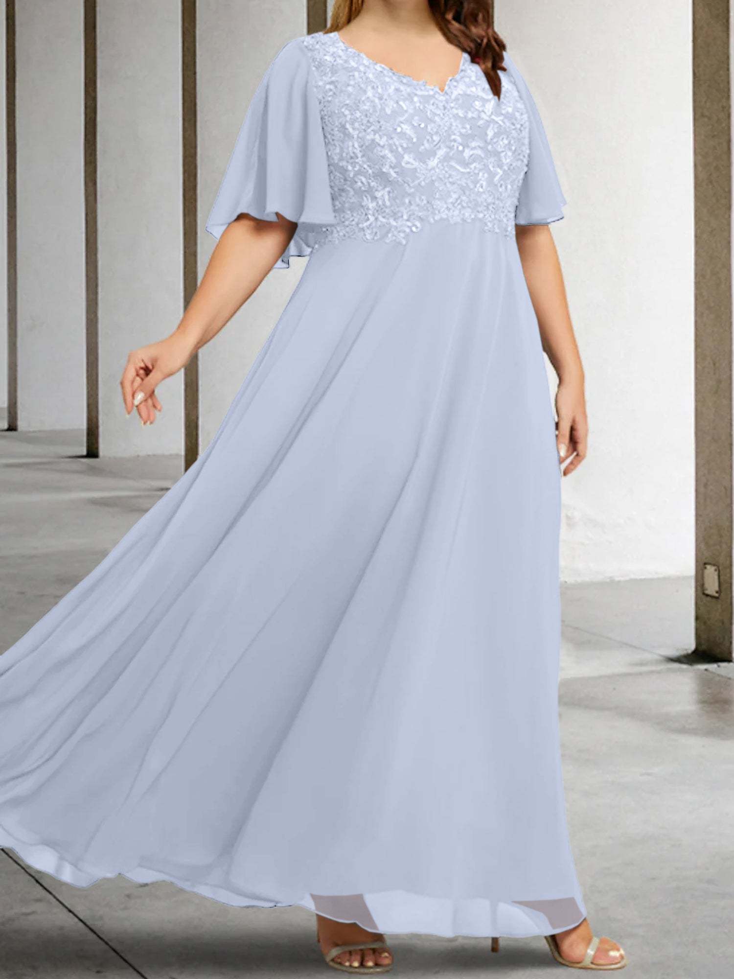V-Neck A-Line Princess Floor-Length Mother of the Bride Dress with Applique and Half Sleeves-BMbridal