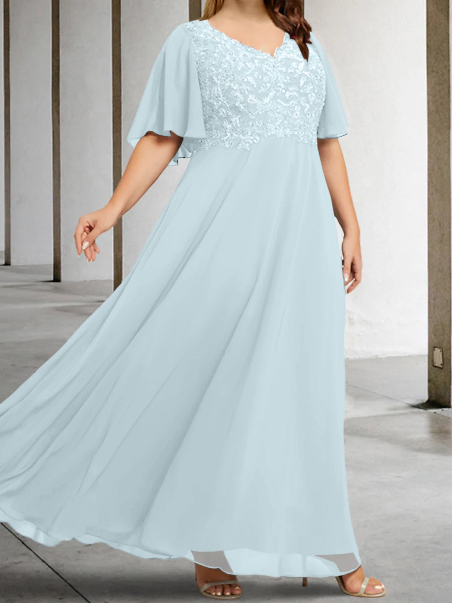 V-Neck A-Line Princess Floor-Length Mother of the Bride Dress with Applique and Half Sleeves-BMbridal
