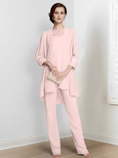 Floor-Length Square Neck Chiffon Pantsuit With Long Sleeves and Jacket for the Mother of the Bride-BMbridal