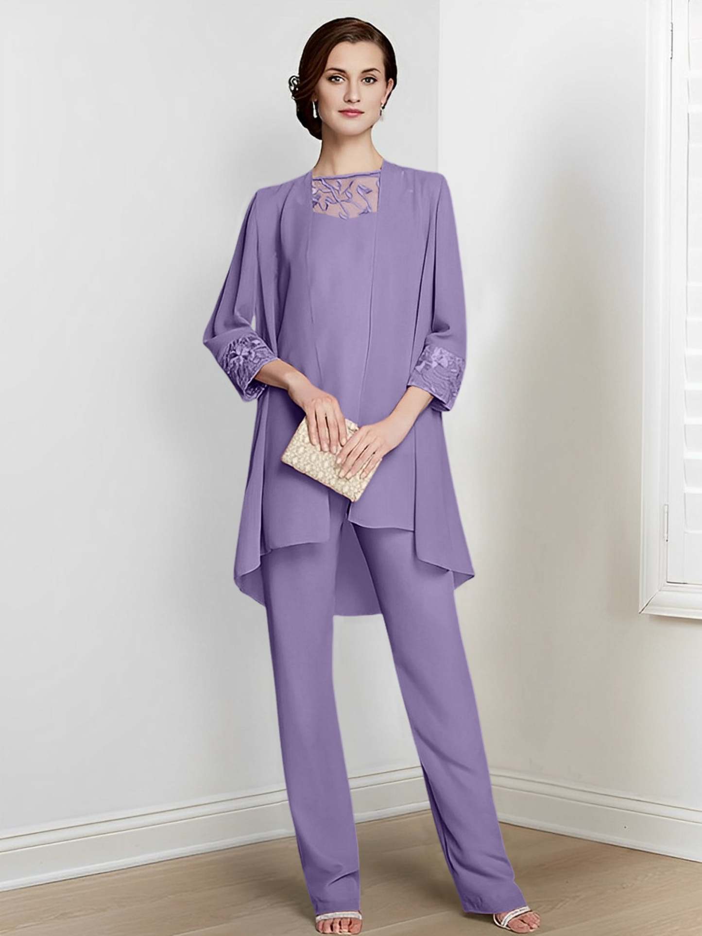 Floor-Length Square Neck Chiffon Pantsuit With Long Sleeves and Jacket for the Mother of the Bride-BMbridal