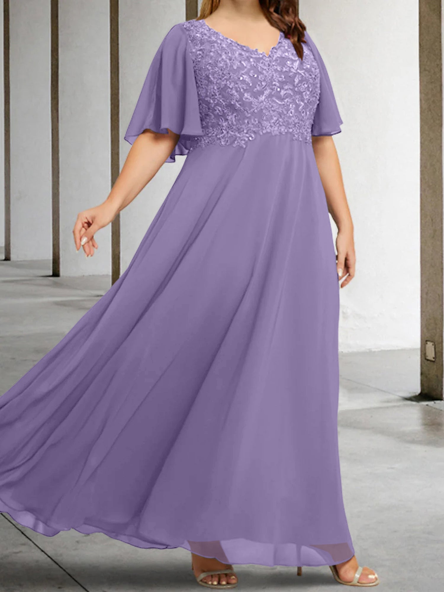 V-Neck A-Line Princess Floor-Length Mother of the Bride Dress with Applique and Half Sleeves-BMbridal