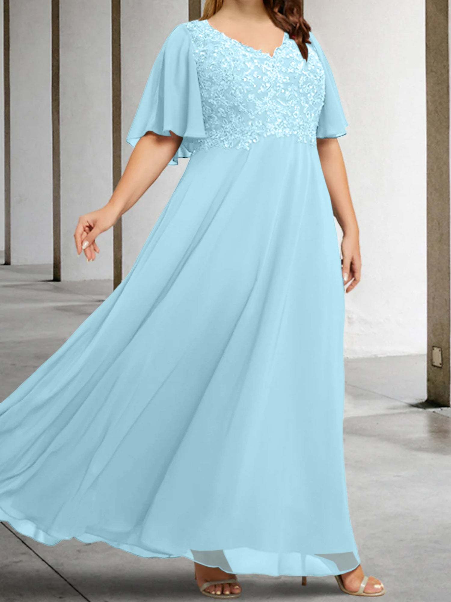 V-Neck A-Line Princess Floor-Length Mother of the Bride Dress with Applique and Half Sleeves-BMbridal