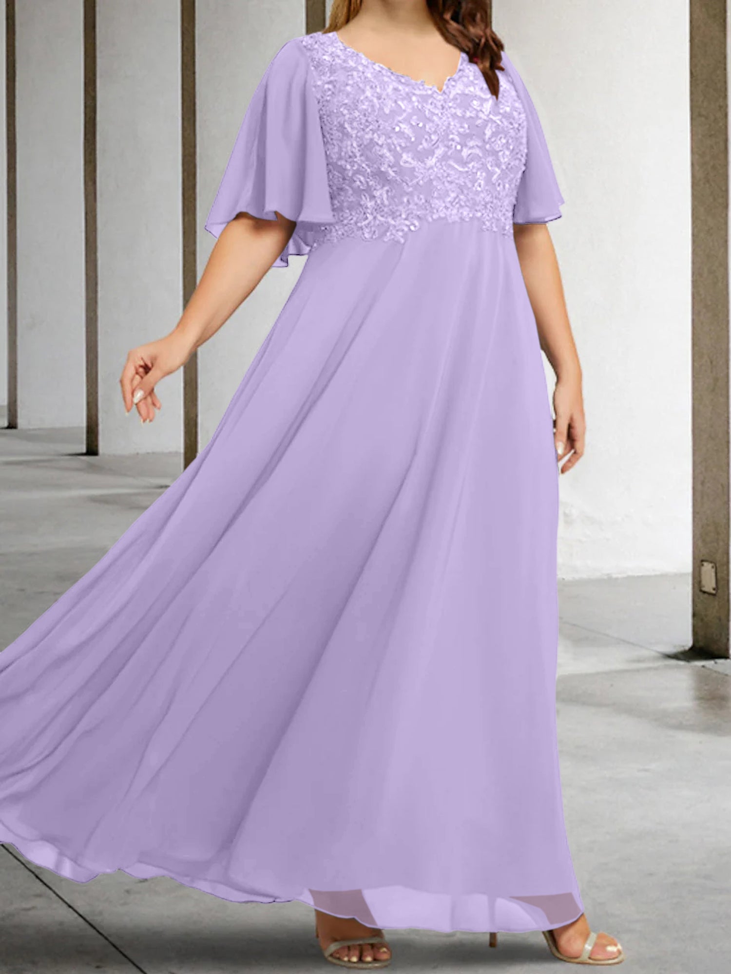 V-Neck A-Line Princess Floor-Length Mother of the Bride Dress with Applique and Half Sleeves-BMbridal