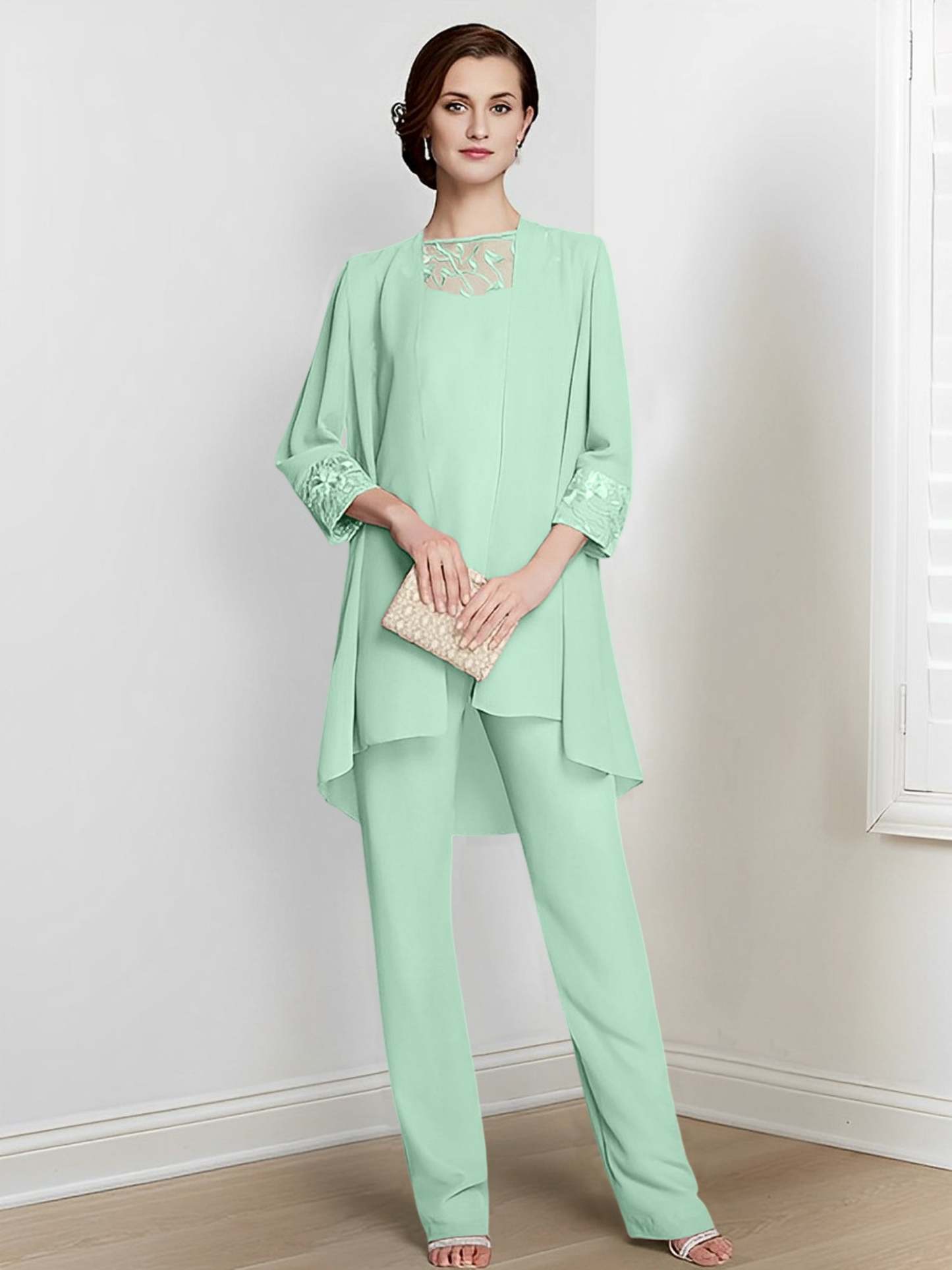 Floor-Length Square Neck Chiffon Pantsuit With Long Sleeves and Jacket for the Mother of the Bride-BMbridal