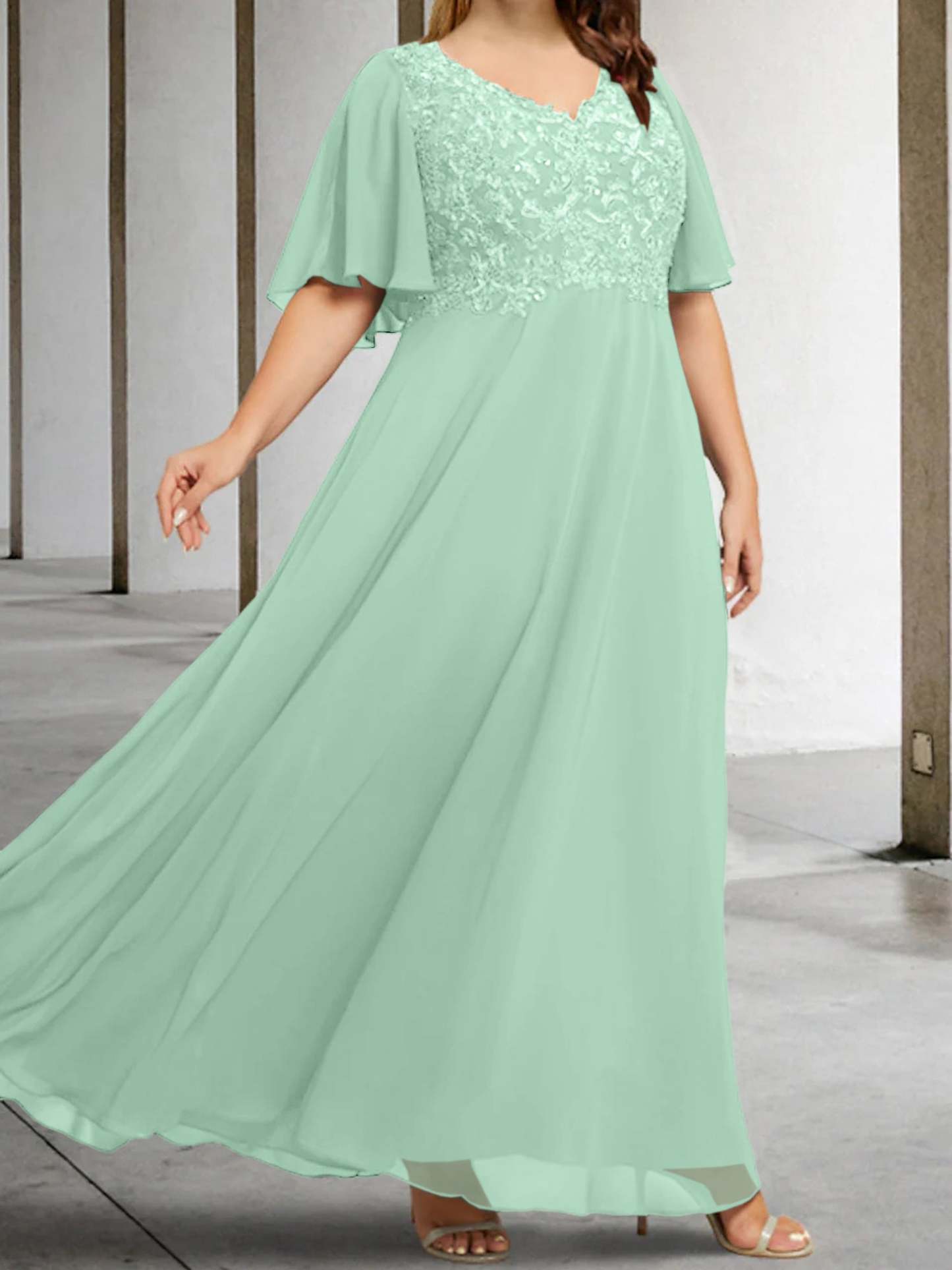 V-Neck A-Line Princess Floor-Length Mother of the Bride Dress with Applique and Half Sleeves-BMbridal