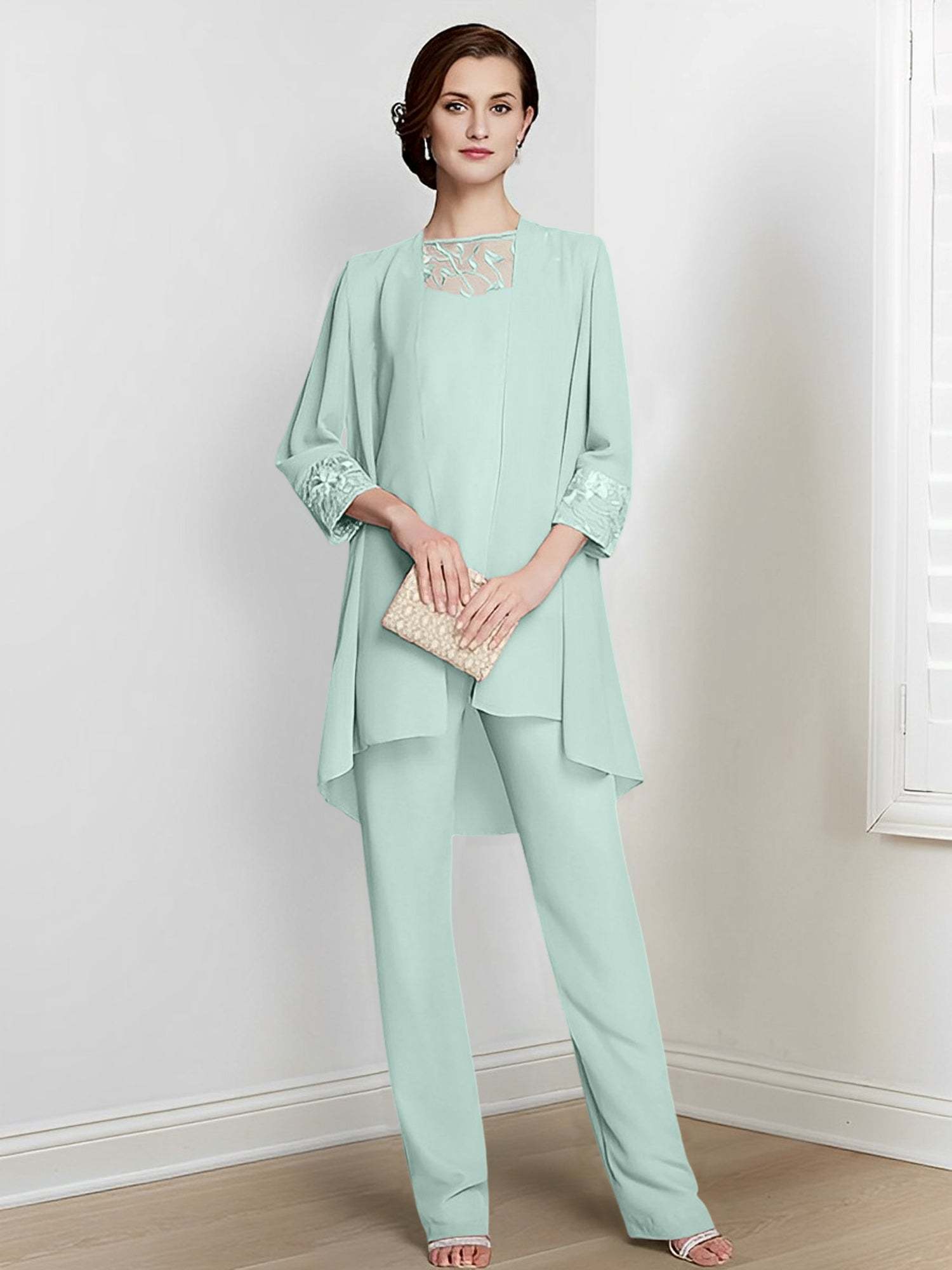 Floor-Length Square Neck Chiffon Pantsuit With Long Sleeves and Jacket for the Mother of the Bride-BMbridal