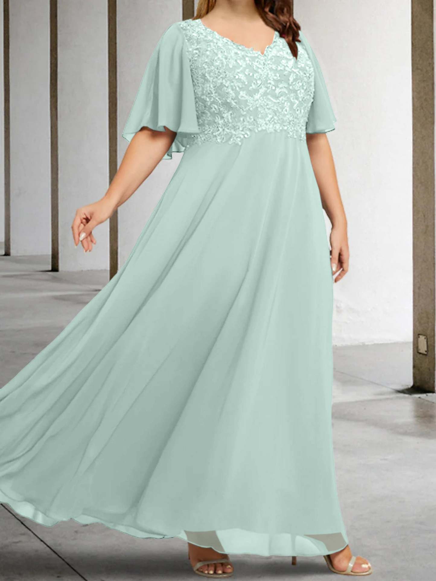 V-Neck A-Line Princess Floor-Length Mother of the Bride Dress with Applique and Half Sleeves-BMbridal