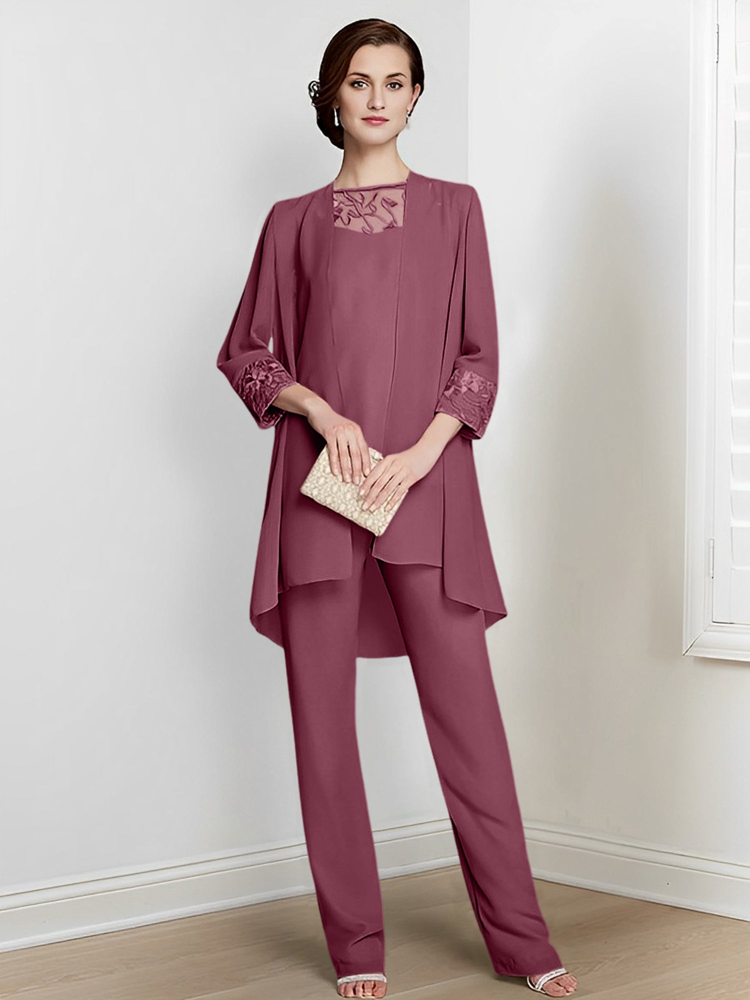 Floor-Length Square Neck Chiffon Pantsuit With Long Sleeves and Jacket for the Mother of the Bride-BMbridal