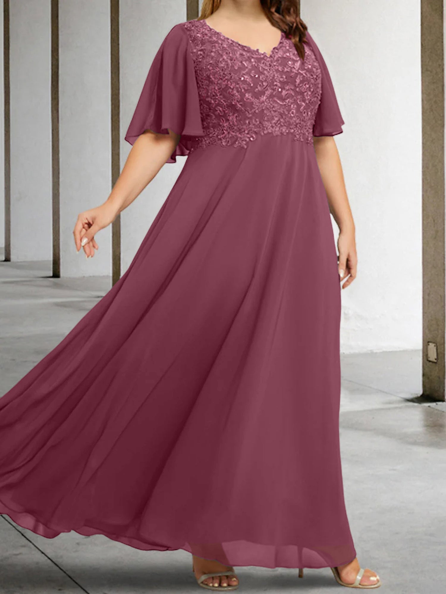 V-Neck A-Line Princess Floor-Length Mother of the Bride Dress with Applique and Half Sleeves-BMbridal