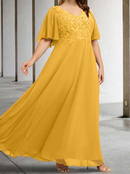 V-Neck A-Line Princess Floor-Length Mother of the Bride Dress with Applique and Half Sleeves-BMbridal