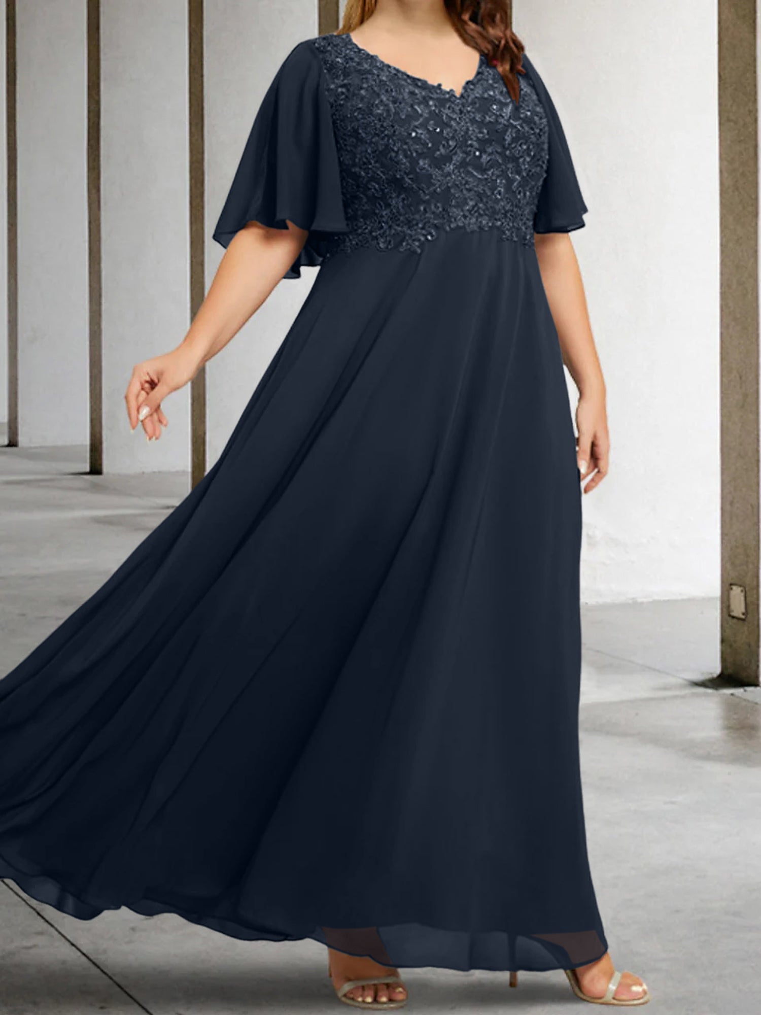 V-Neck A-Line Princess Floor-Length Mother of the Bride Dress with Applique and Half Sleeves-BMbridal