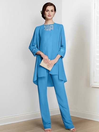 Floor-Length Square Neck Chiffon Pantsuit With Long Sleeves and Jacket for the Mother of the Bride-BMbridal