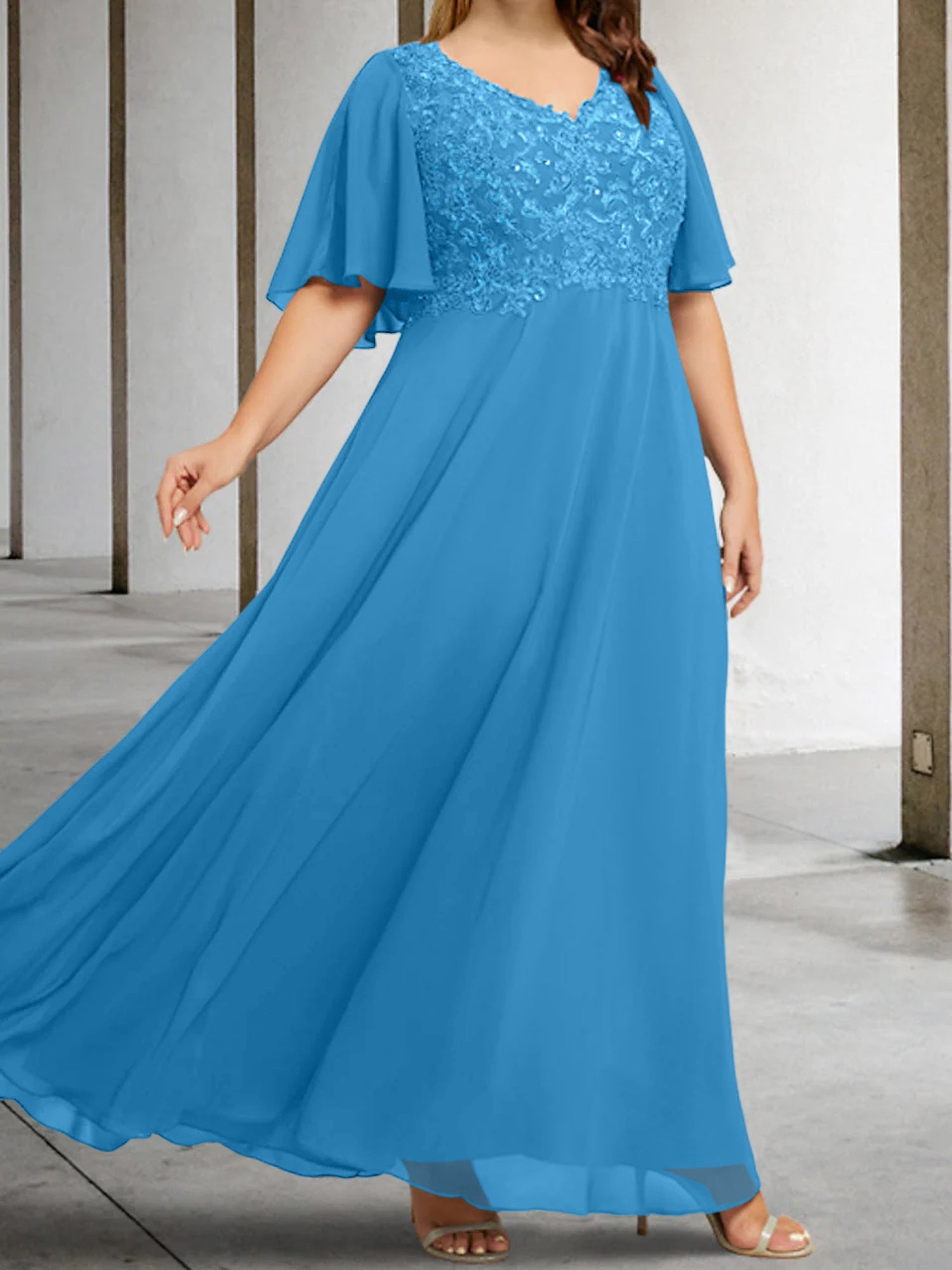 V-Neck A-Line Princess Floor-Length Mother of the Bride Dress with Applique and Half Sleeves-BMbridal