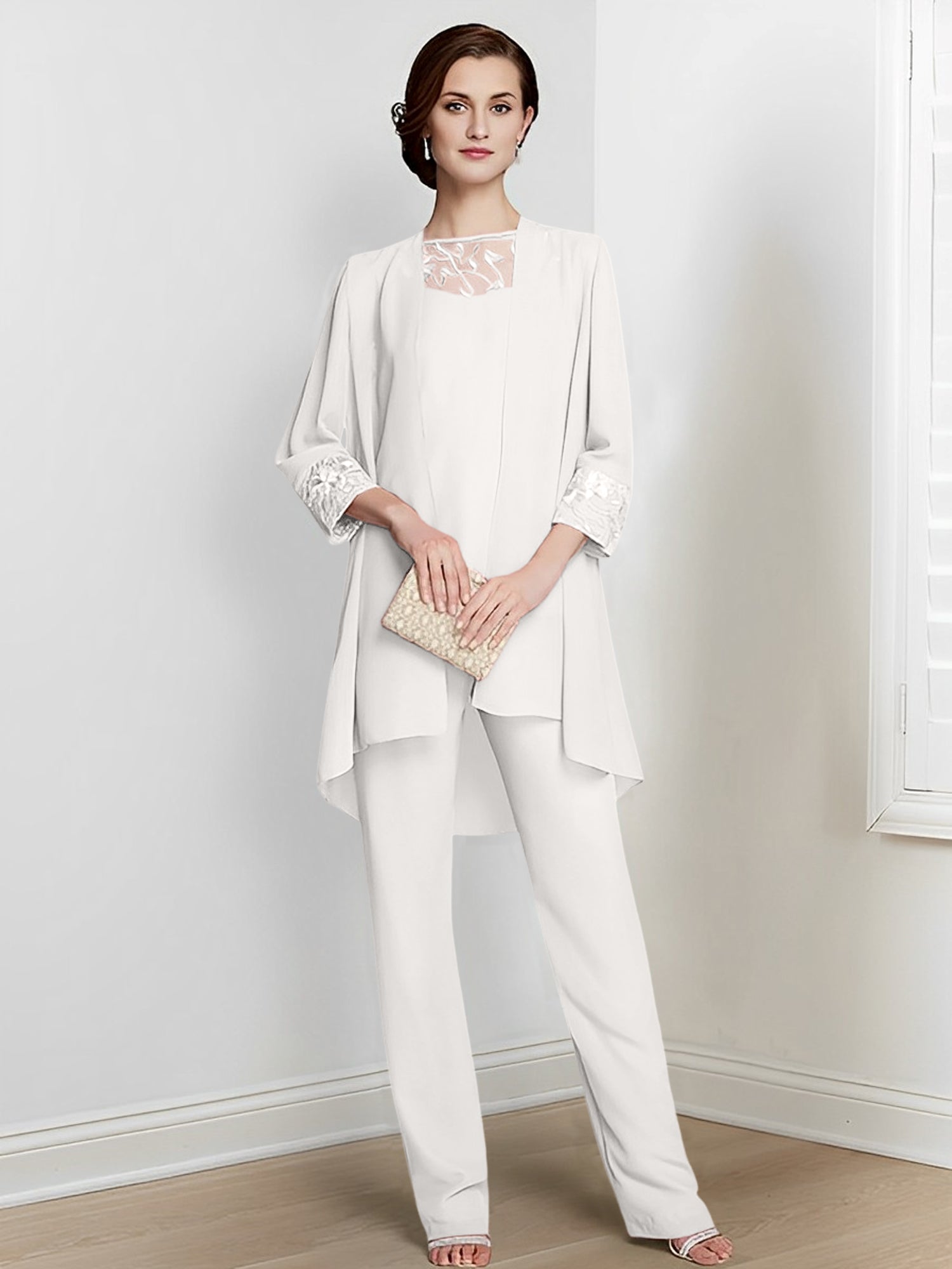 Floor-Length Square Neck Chiffon Pantsuit With Long Sleeves and Jacket for the Mother of the Bride-BMbridal