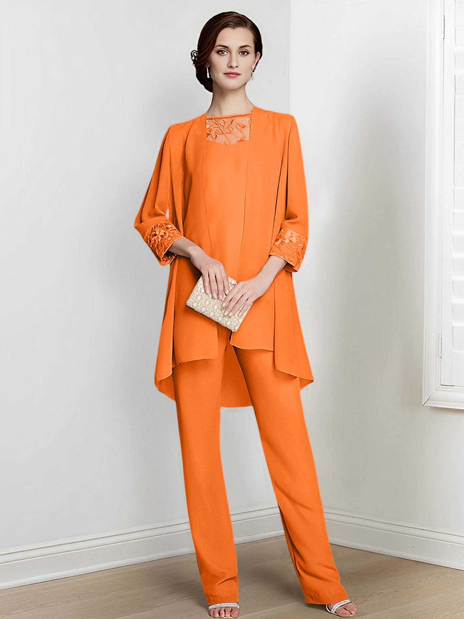 Floor-Length Square Neck Chiffon Pantsuit With Long Sleeves and Jacket for the Mother of the Bride-BMbridal