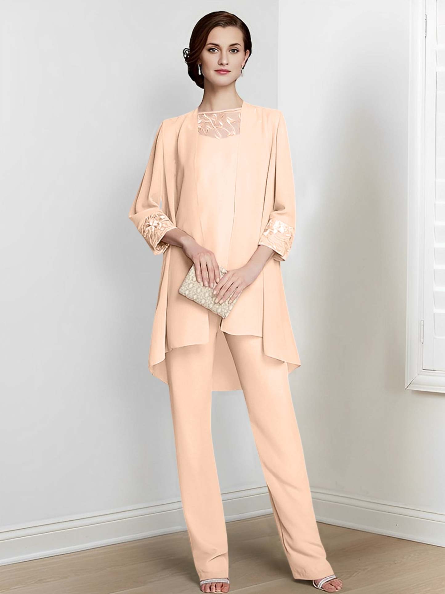 Floor-Length Square Neck Chiffon Pantsuit With Long Sleeves and Jacket for the Mother of the Bride-BMbridal