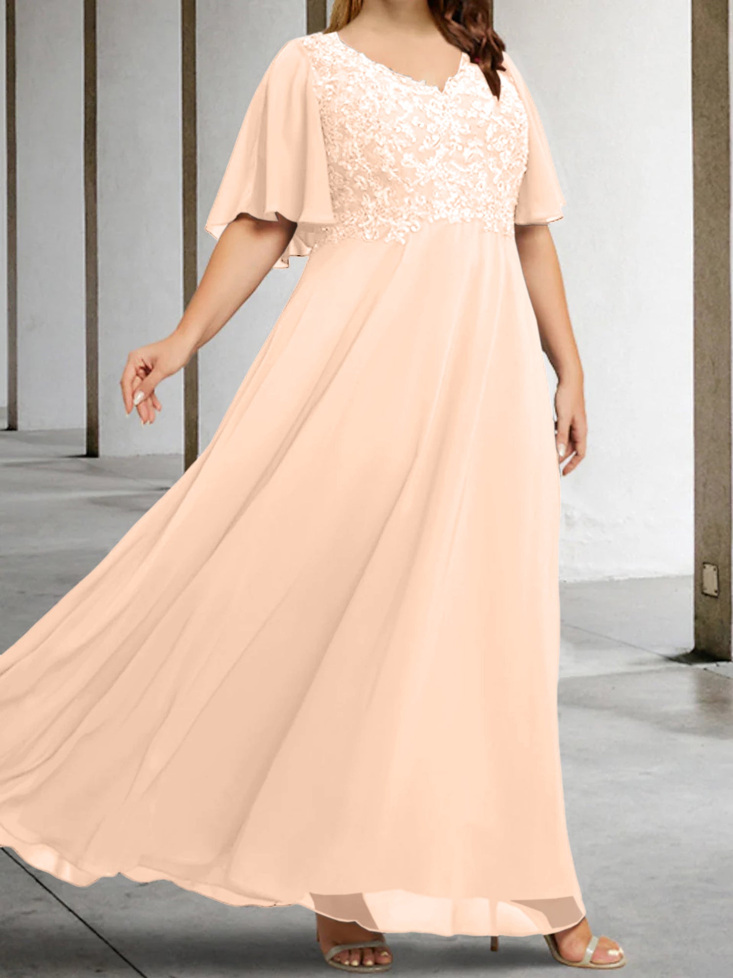 V-Neck A-Line Princess Floor-Length Mother of the Bride Dress with Applique and Half Sleeves-BMbridal