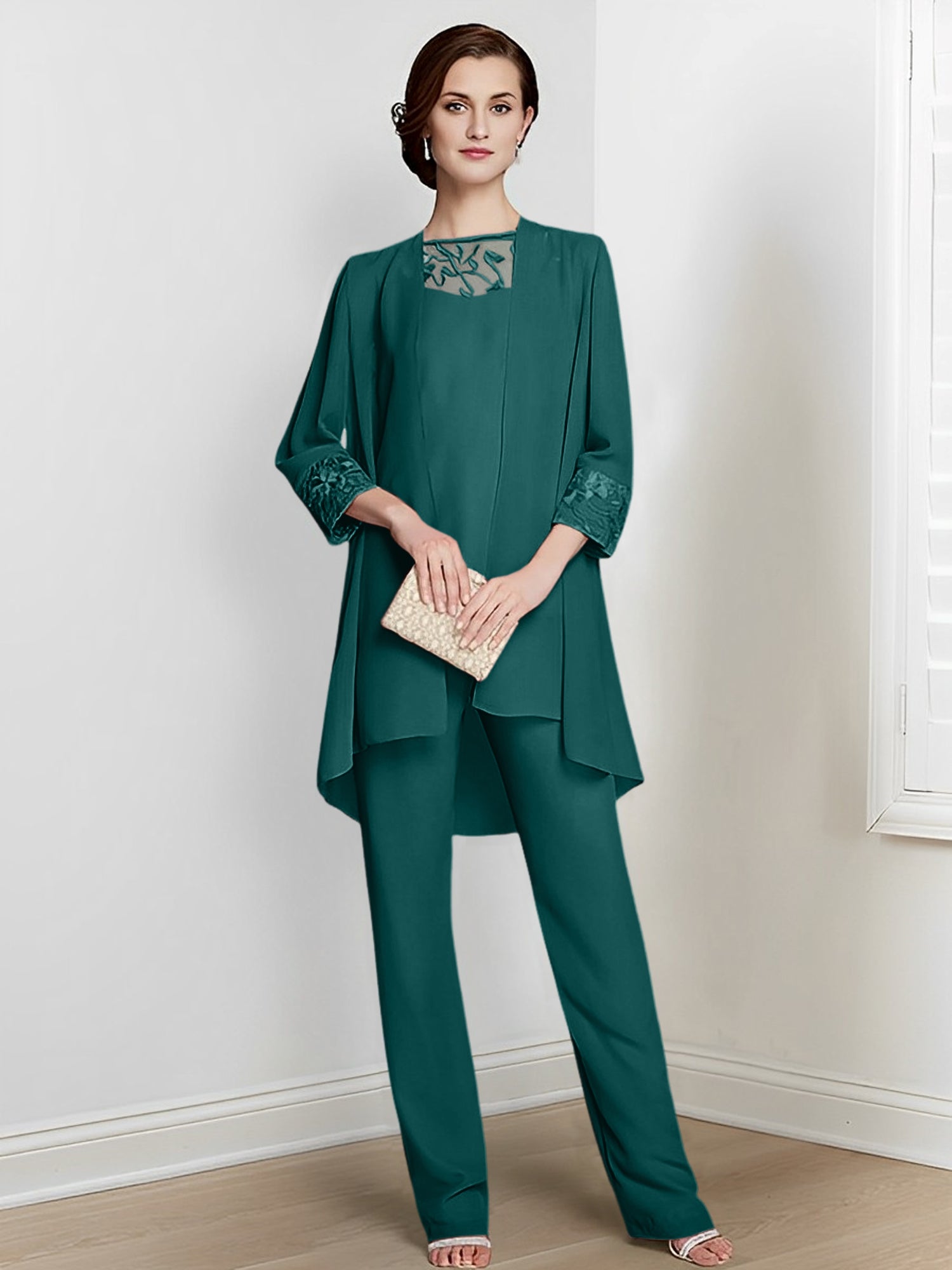 Floor-Length Square Neck Chiffon Pantsuit With Long Sleeves and Jacket for the Mother of the Bride-BMbridal