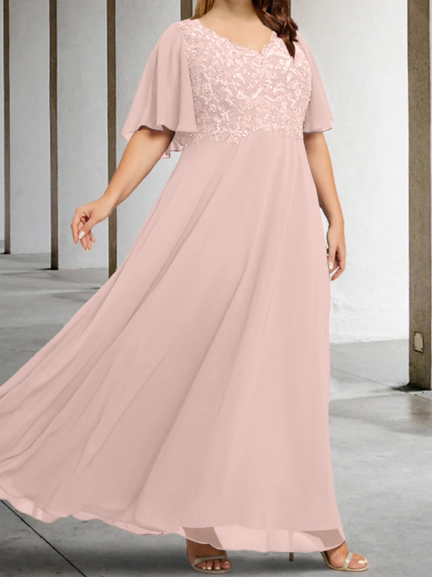 V-Neck A-Line Princess Floor-Length Mother of the Bride Dress with Applique and Half Sleeves-BMbridal
