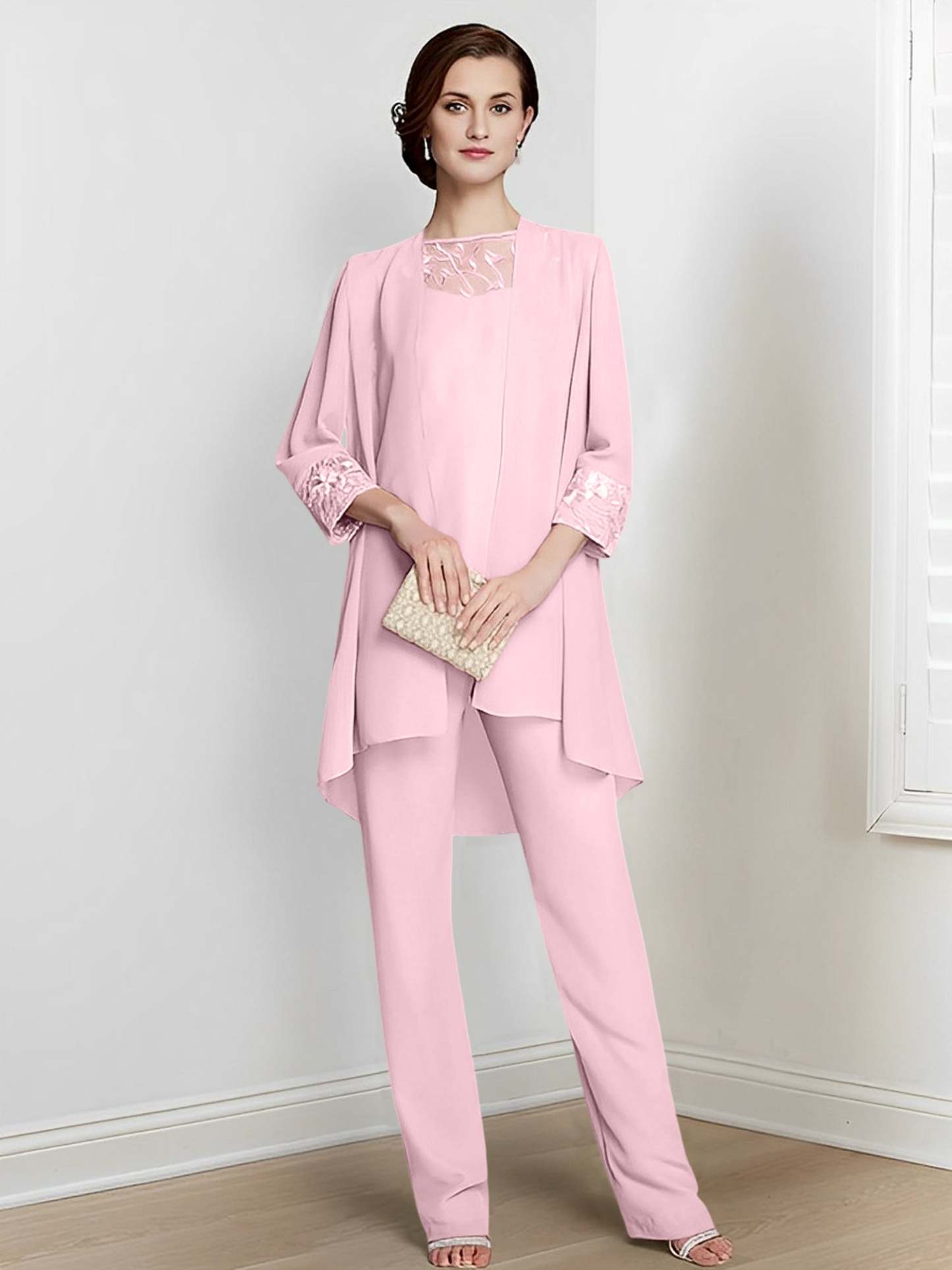 Floor-Length Square Neck Chiffon Pantsuit With Long Sleeves and Jacket for the Mother of the Bride-BMbridal