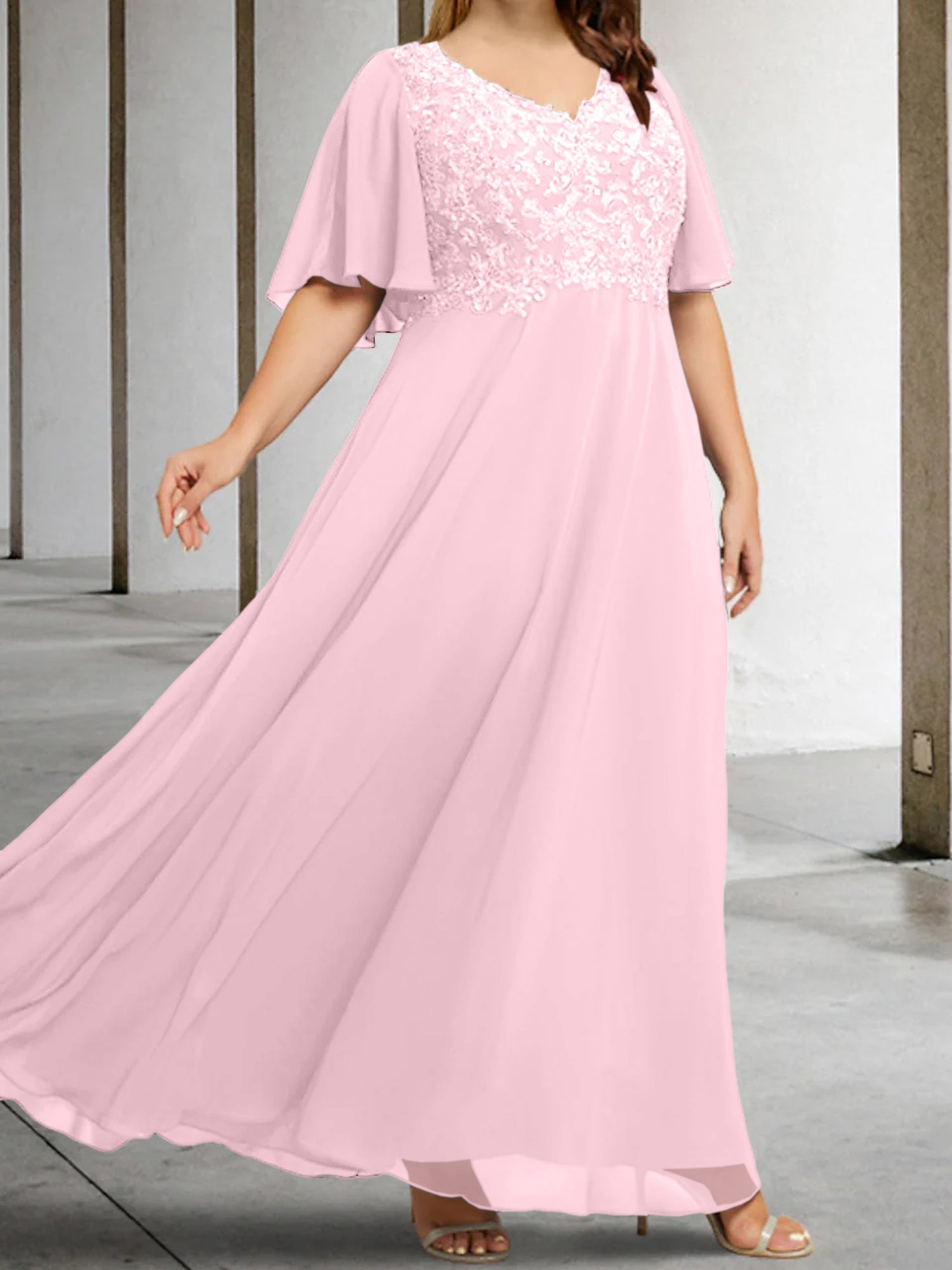 V-Neck A-Line Princess Floor-Length Mother of the Bride Dress with Applique and Half Sleeves-BMbridal