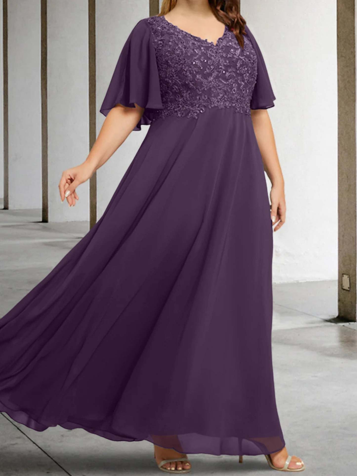 V-Neck A-Line Princess Floor-Length Mother of the Bride Dress with Applique and Half Sleeves-BMbridal