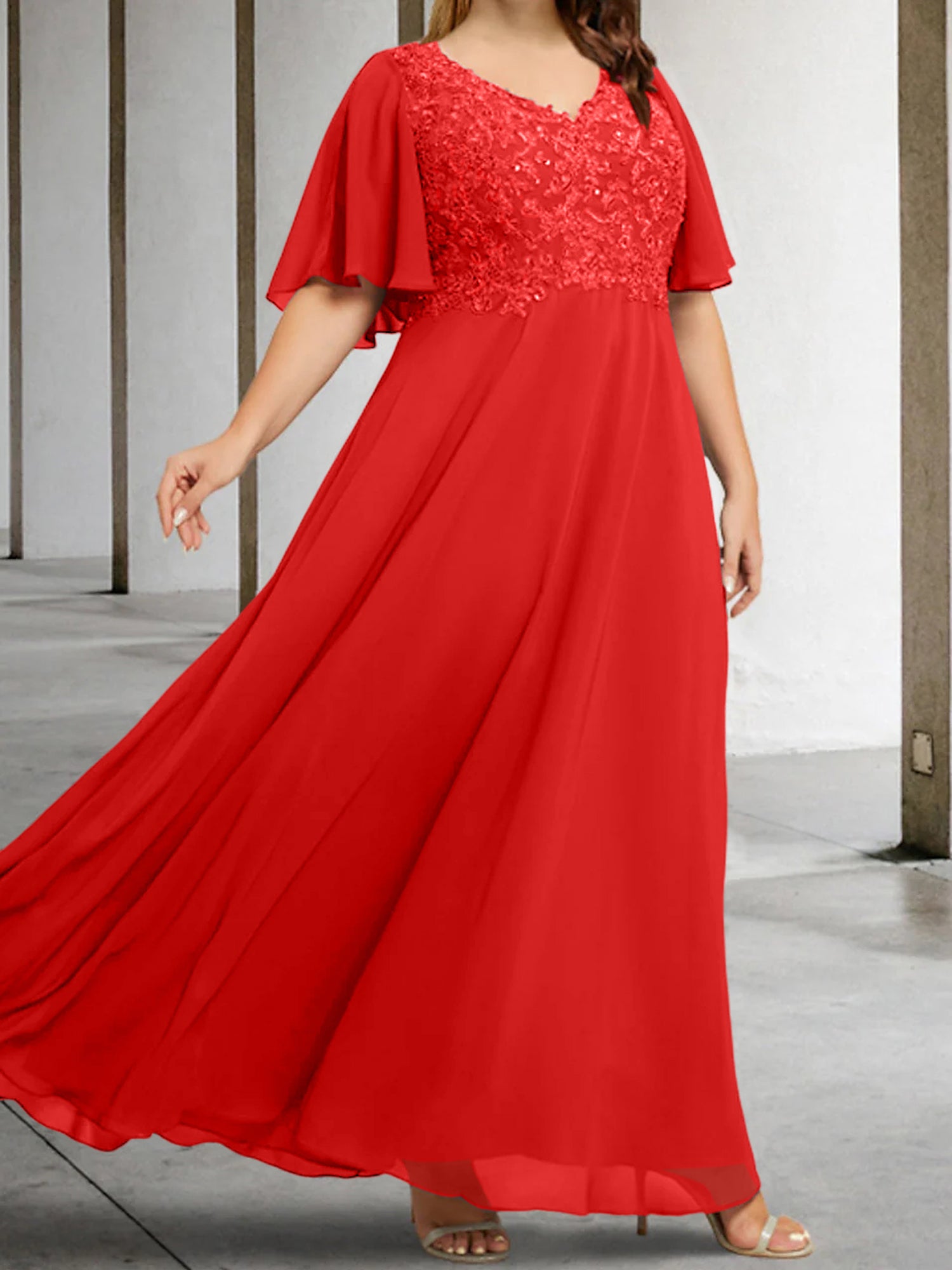 V-Neck A-Line Princess Floor-Length Mother of the Bride Dress with Applique and Half Sleeves-BMbridal