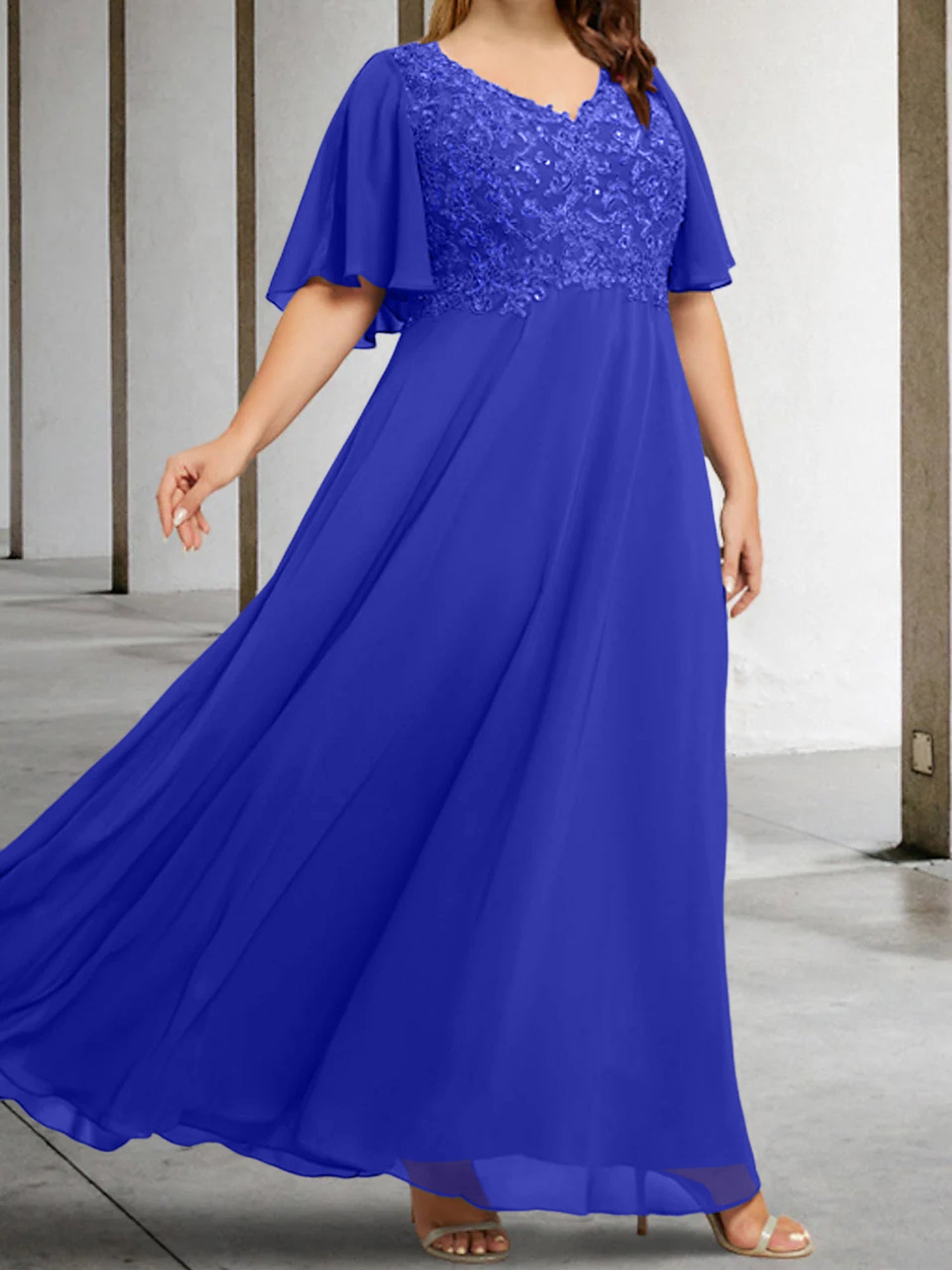 V-Neck A-Line Princess Floor-Length Mother of the Bride Dress with Applique and Half Sleeves-BMbridal