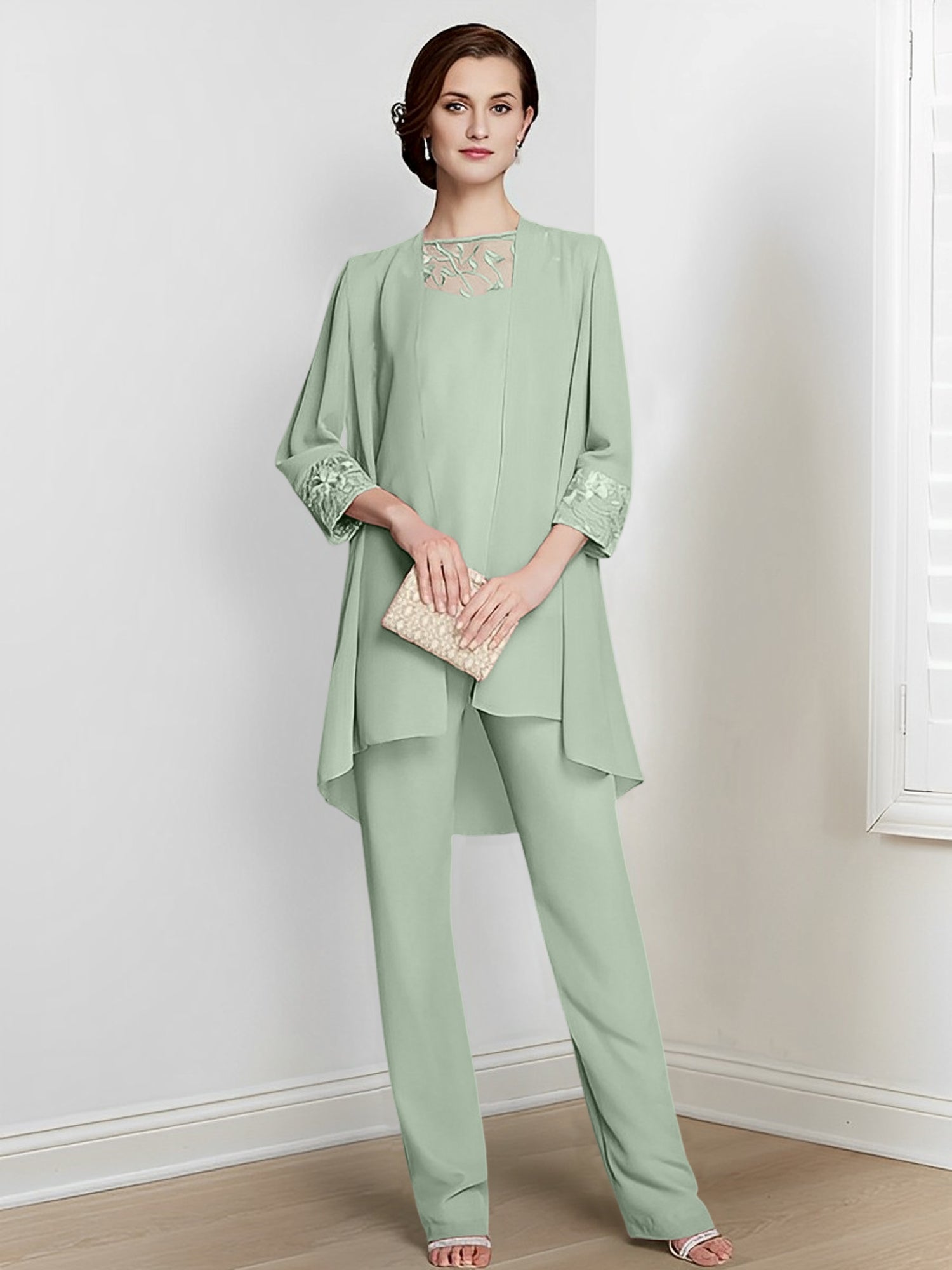 Floor-Length Square Neck Chiffon Pantsuit With Long Sleeves and Jacket for the Mother of the Bride-BMbridal