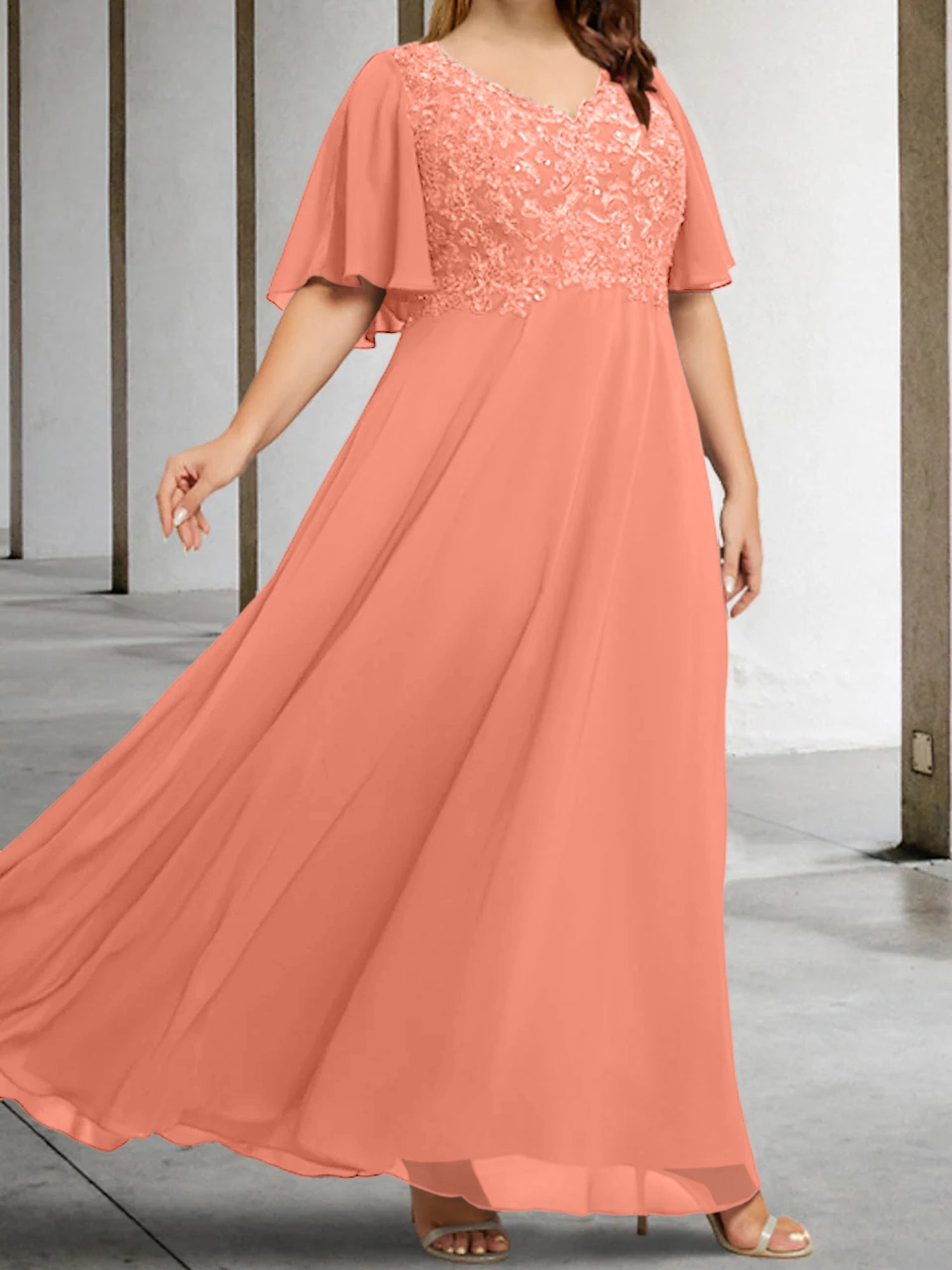 V-Neck A-Line Princess Floor-Length Mother of the Bride Dress with Applique and Half Sleeves-BMbridal