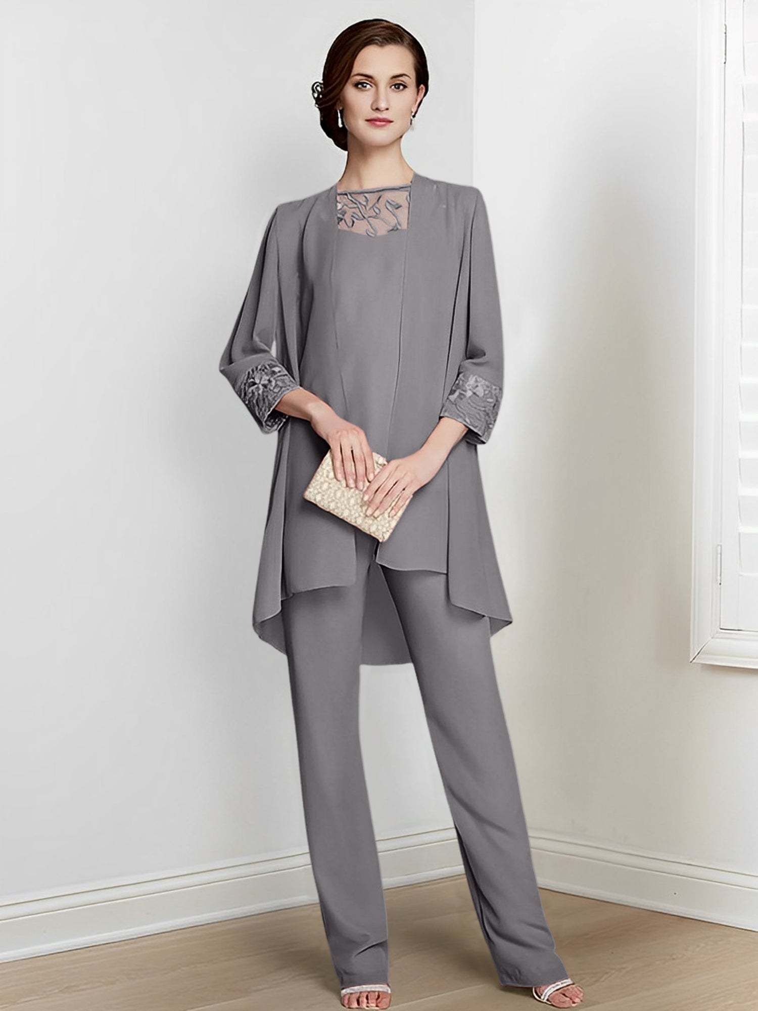 Floor-Length Square Neck Chiffon Pantsuit With Long Sleeves and Jacket for the Mother of the Bride-BMbridal