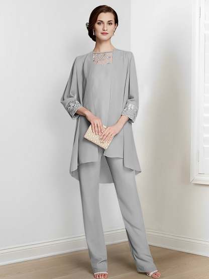 Floor-Length Square Neck Chiffon Pantsuit With Long Sleeves and Jacket for the Mother of the Bride-BMbridal