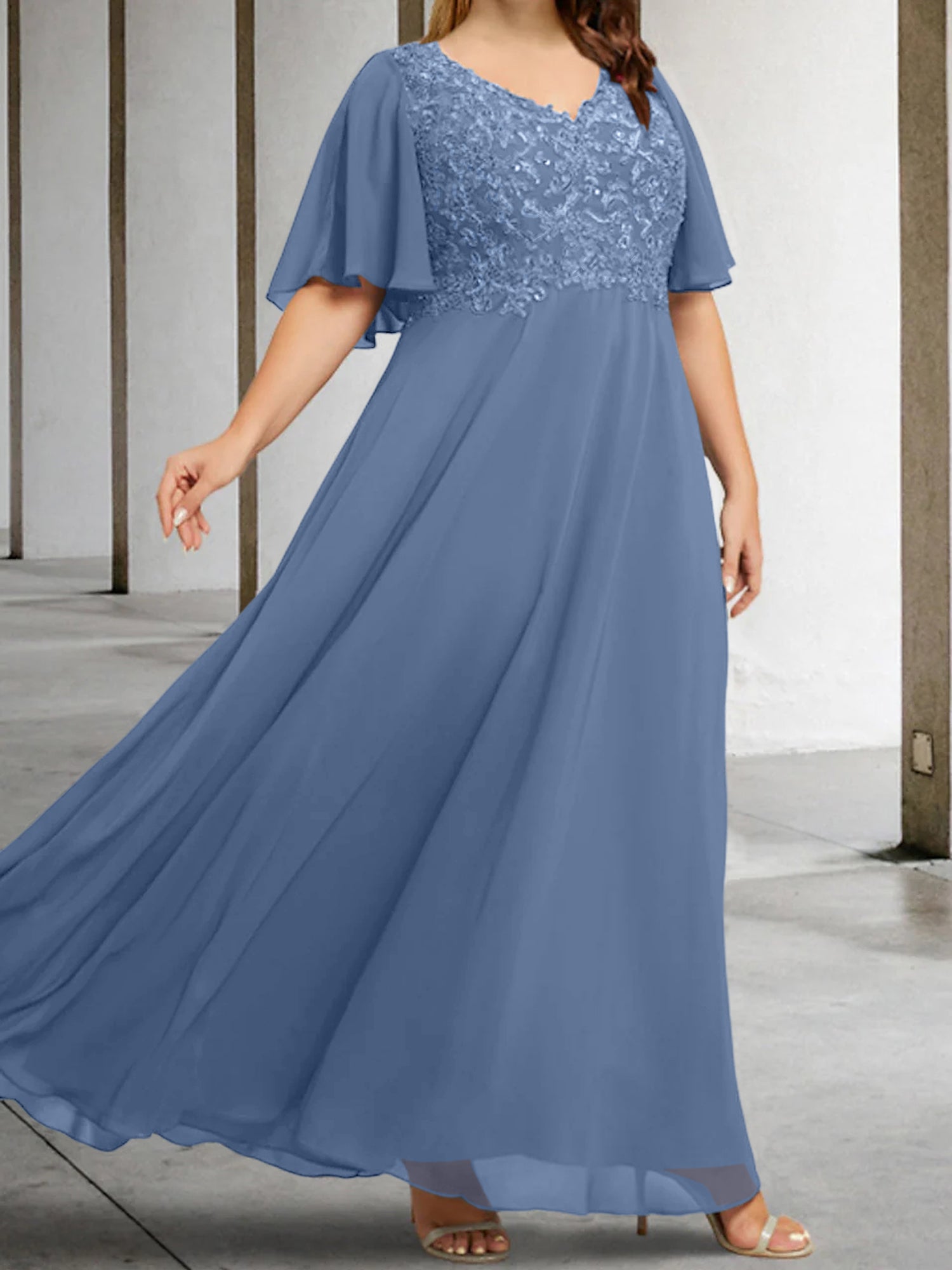 V-Neck A-Line Princess Floor-Length Mother of the Bride Dress with Applique and Half Sleeves-BMbridal