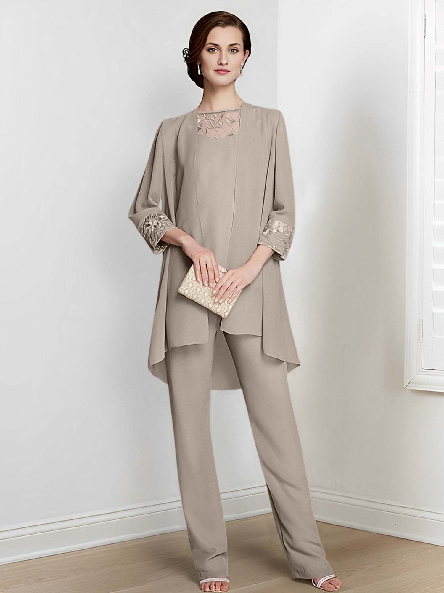 Floor-Length Square Neck Chiffon Pantsuit With Long Sleeves and Jacket for the Mother of the Bride-BMbridal