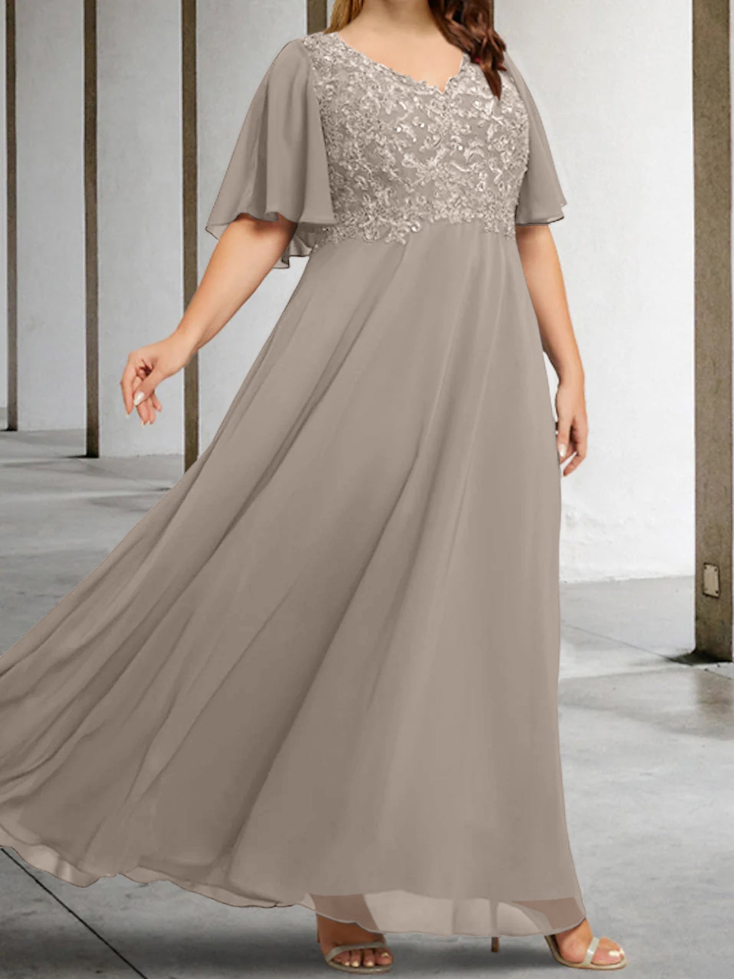 V-Neck A-Line Princess Floor-Length Mother of the Bride Dress with Applique and Half Sleeves-BMbridal