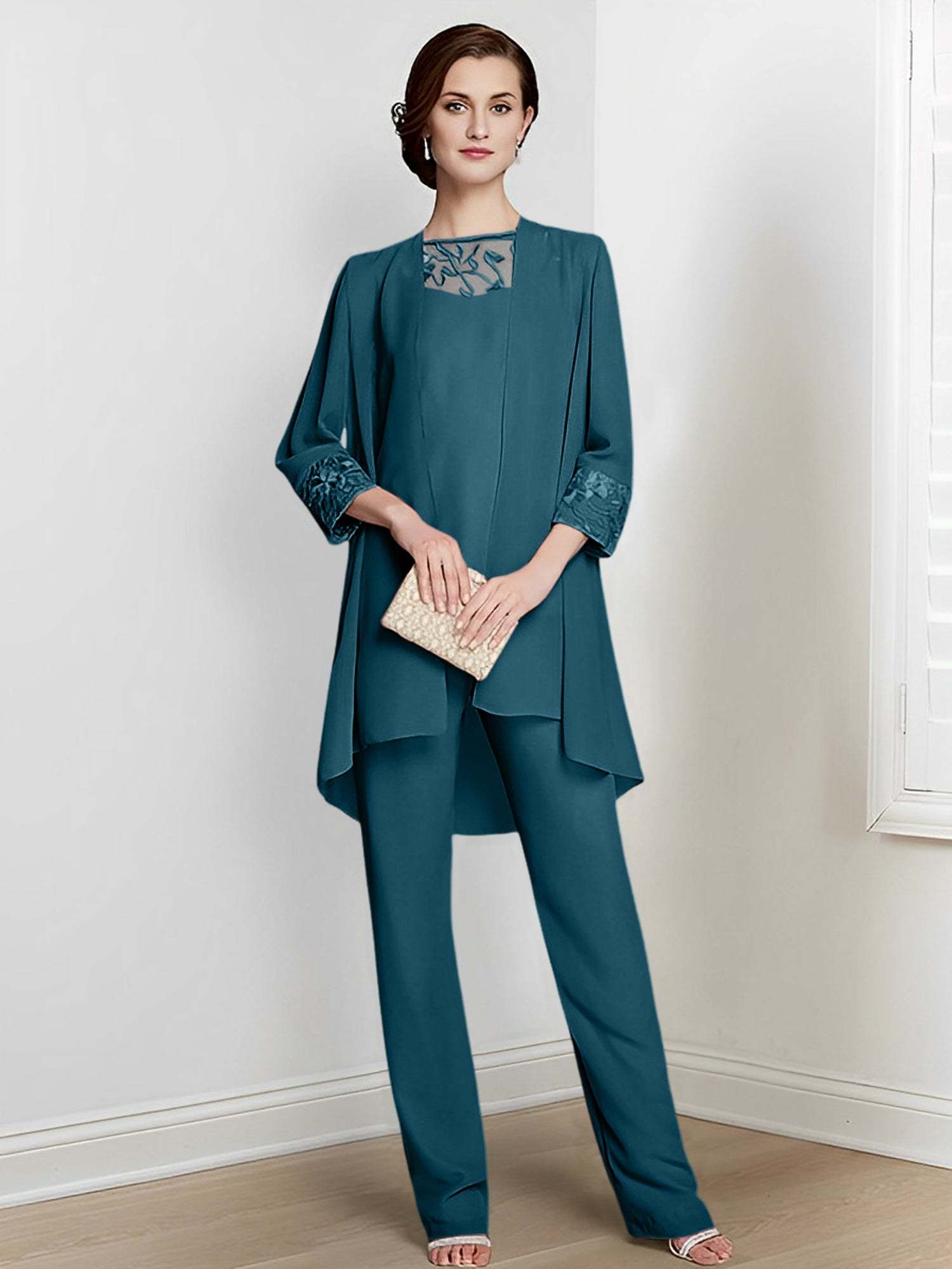 Floor-Length Square Neck Chiffon Pantsuit With Long Sleeves and Jacket for the Mother of the Bride-BMbridal