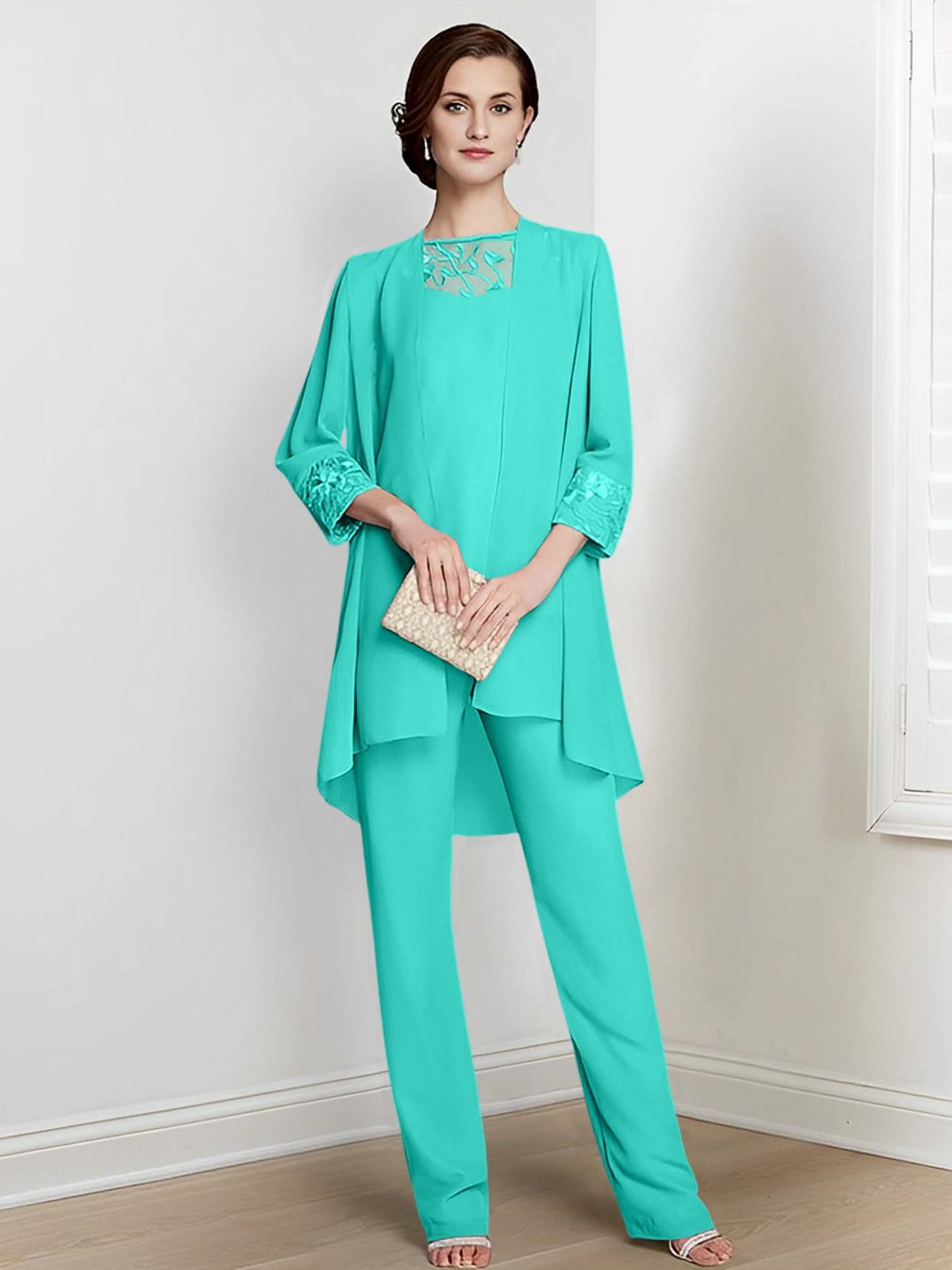 Floor-Length Square Neck Chiffon Pantsuit With Long Sleeves and Jacket for the Mother of the Bride-BMbridal