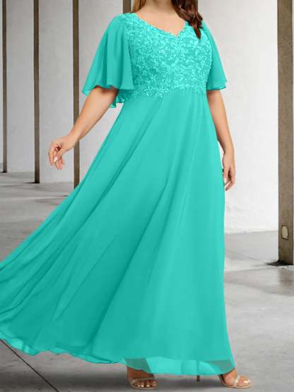 V-Neck A-Line Princess Floor-Length Mother of the Bride Dress with Applique and Half Sleeves-BMbridal