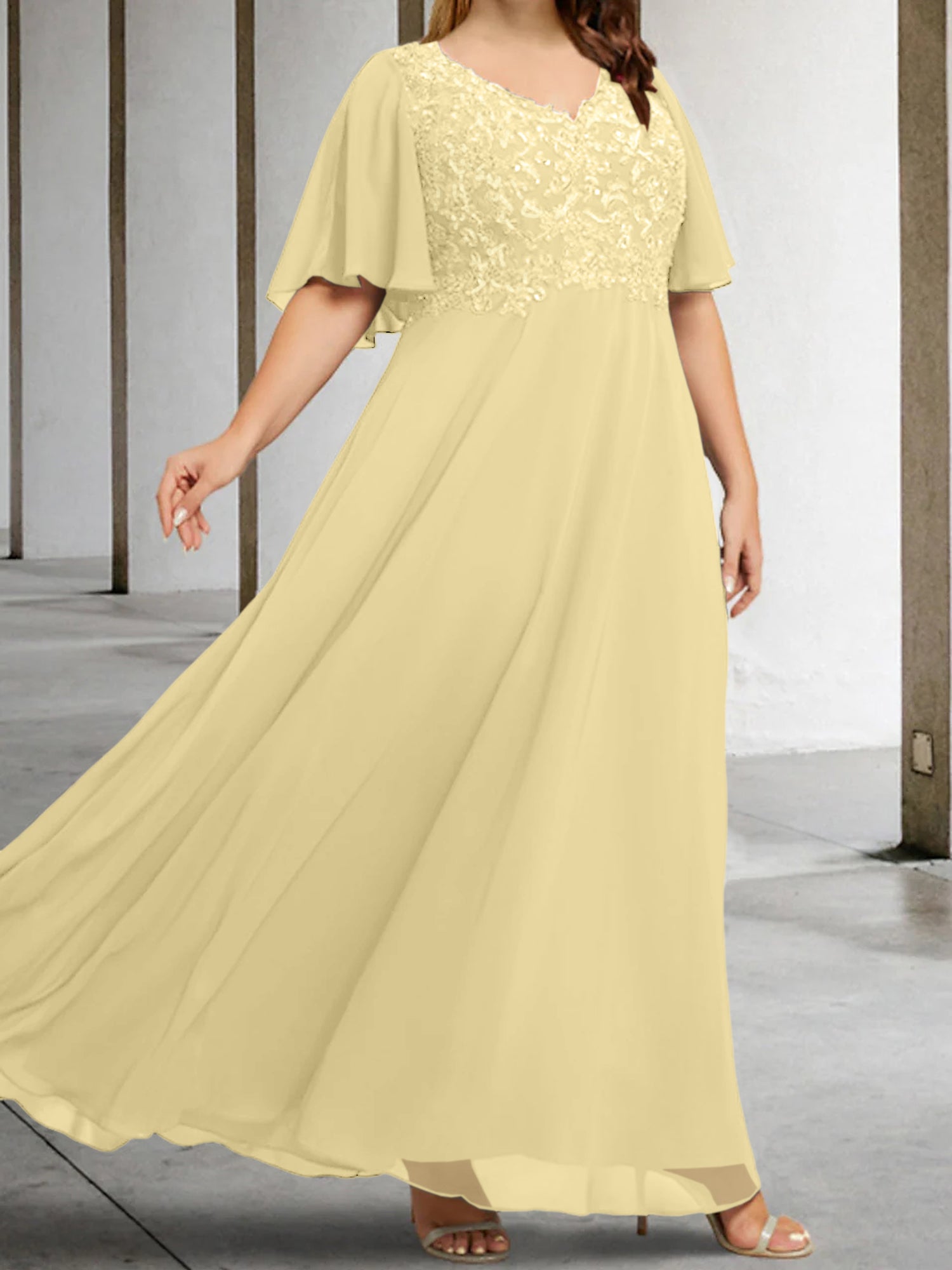 V-Neck A-Line Princess Floor-Length Mother of the Bride Dress with Applique and Half Sleeves-BMbridal