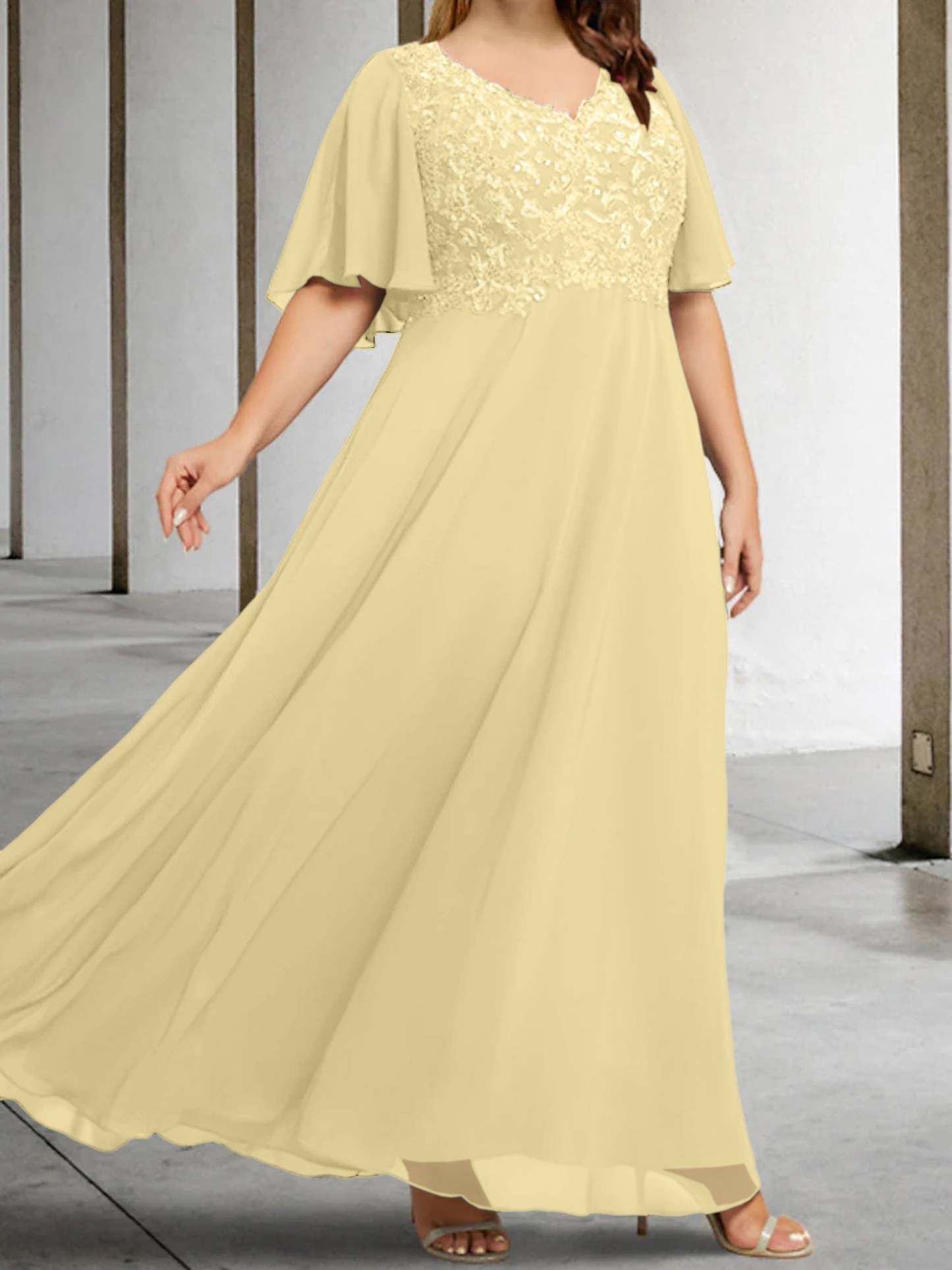 V-Neck A-Line Princess Floor-Length Mother of the Bride Dress with Applique and Half Sleeves-BMbridal