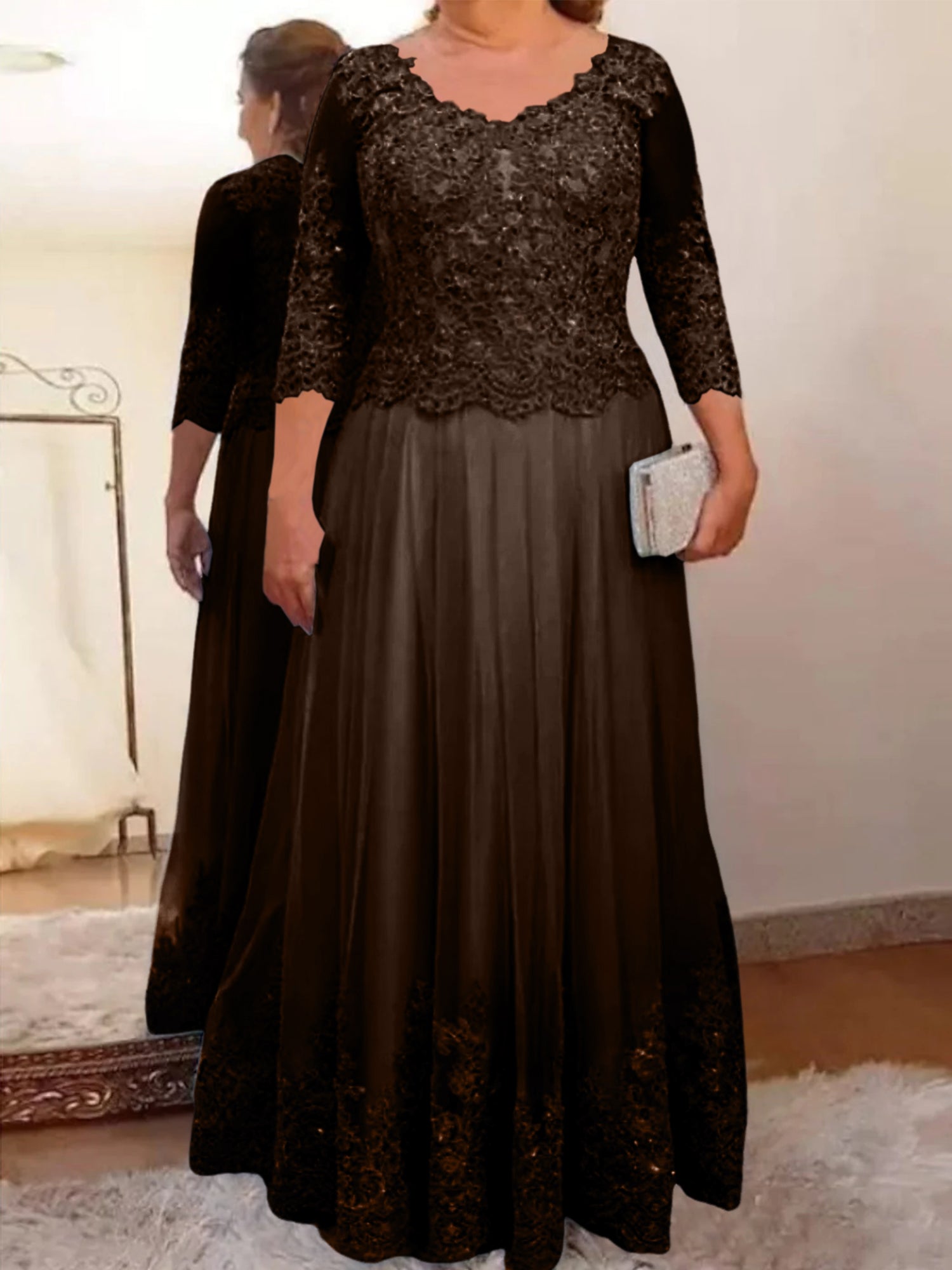 Floor-Length A-Line Mother of the Bride Dress with Sheer Neck and 3/4 Sleeves Featuring Applique-BMbridal