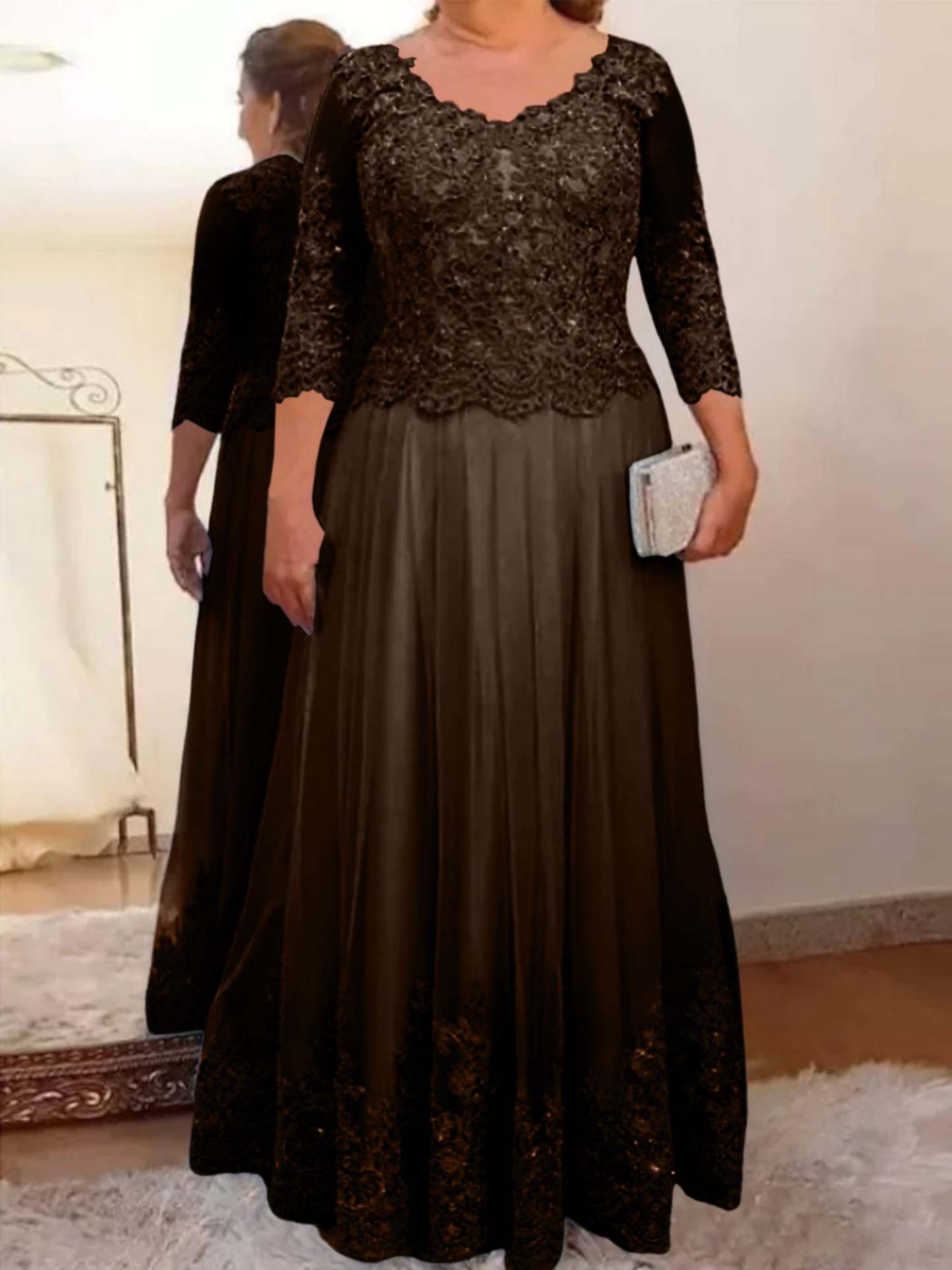Floor-Length A-Line Mother of the Bride Dress with Sheer Neck and 3/4 Sleeves Featuring Applique-BMbridal